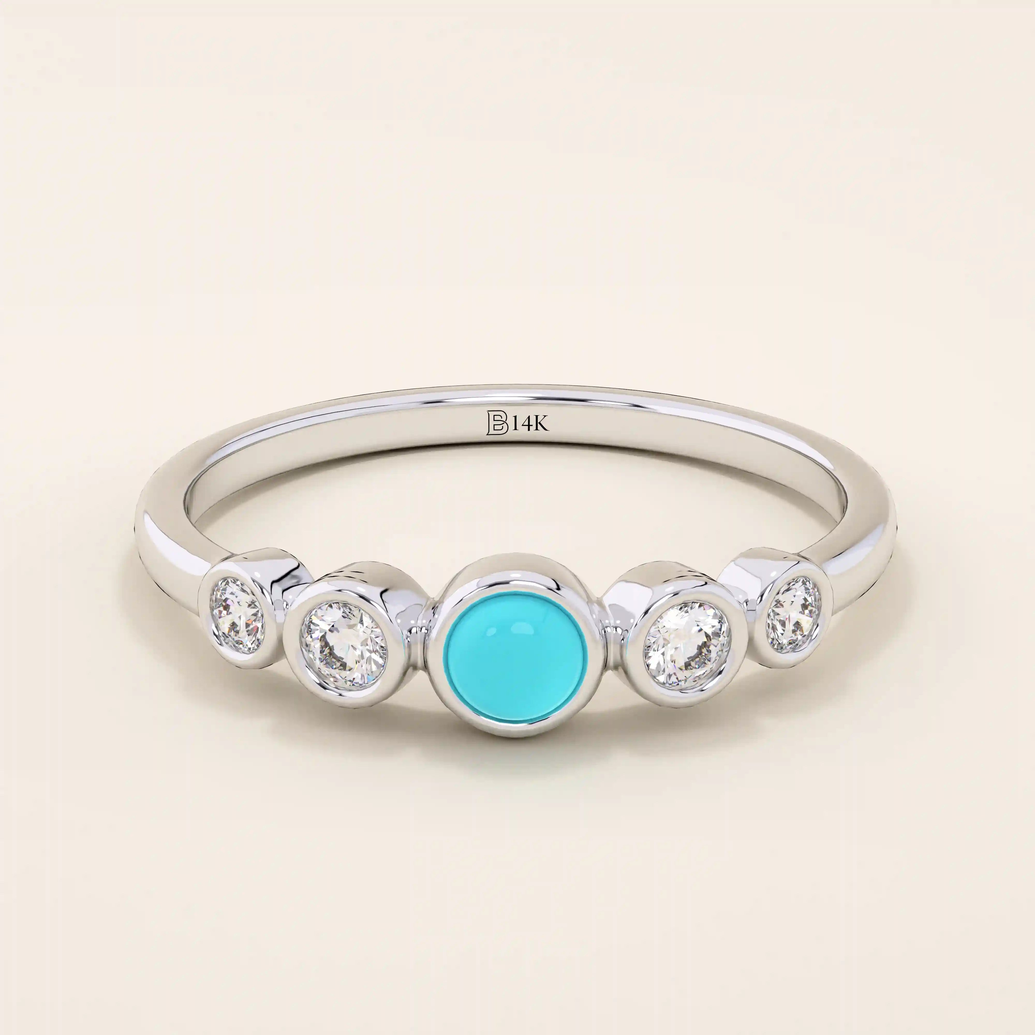 14k solid gold 5 stone bezel turquoise and moissanite stones wedding engagement ring for women