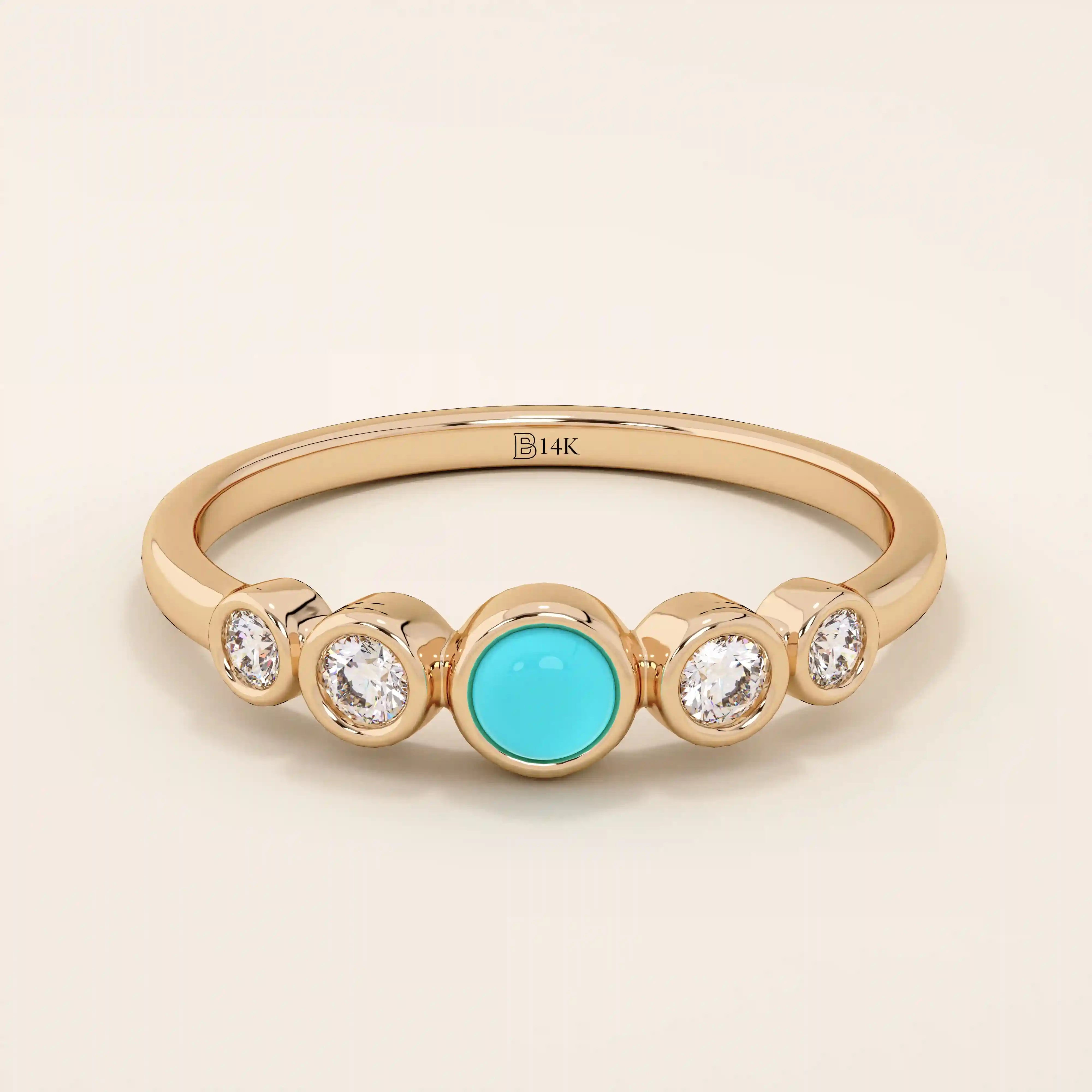 14k solid gold 5 stone bezel turquoise and moissanite stones wedding engagement ring for women