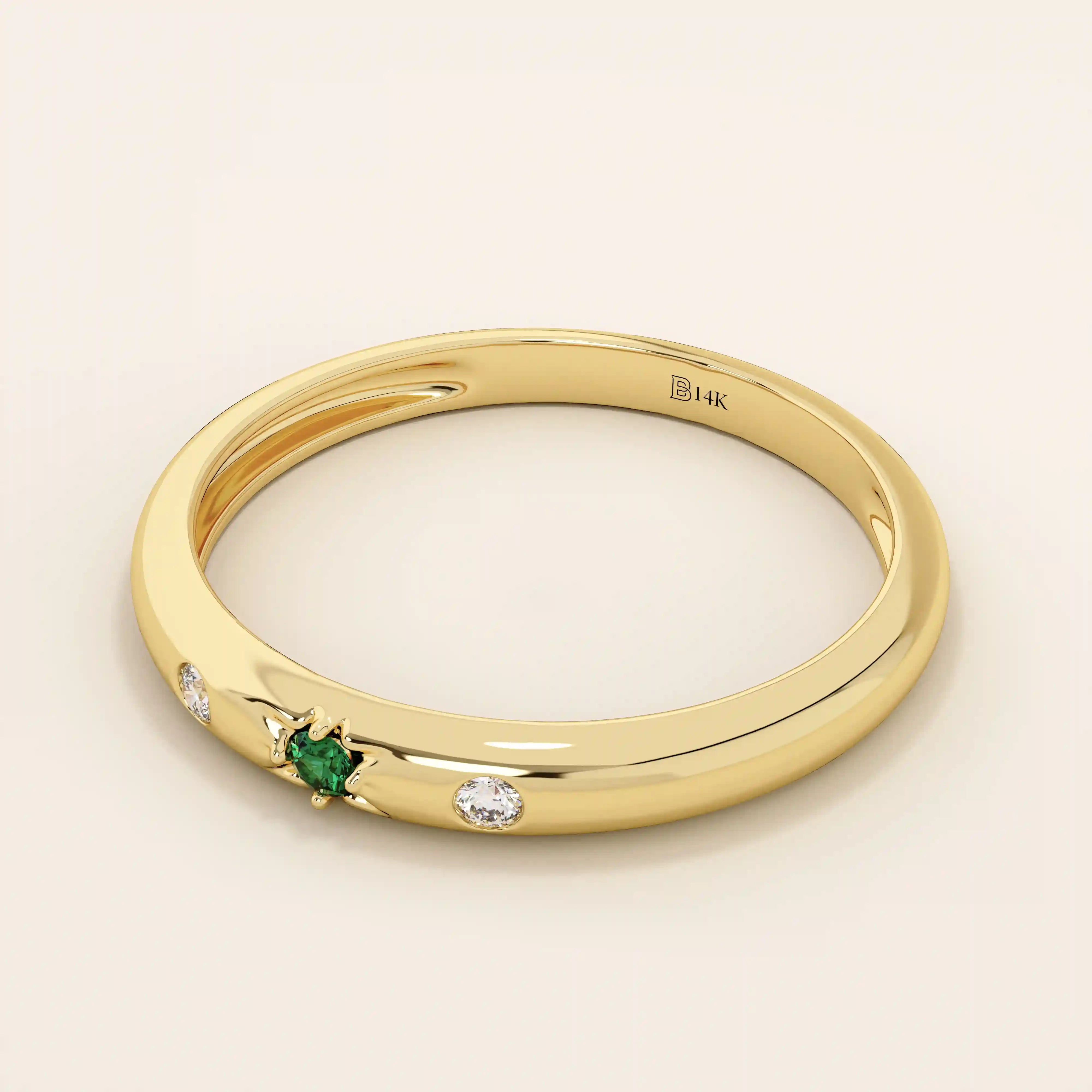 14K SOLID GOLD EMERALD AND MOISSANITE SLIM WEDDING BAND FOR WOMEN