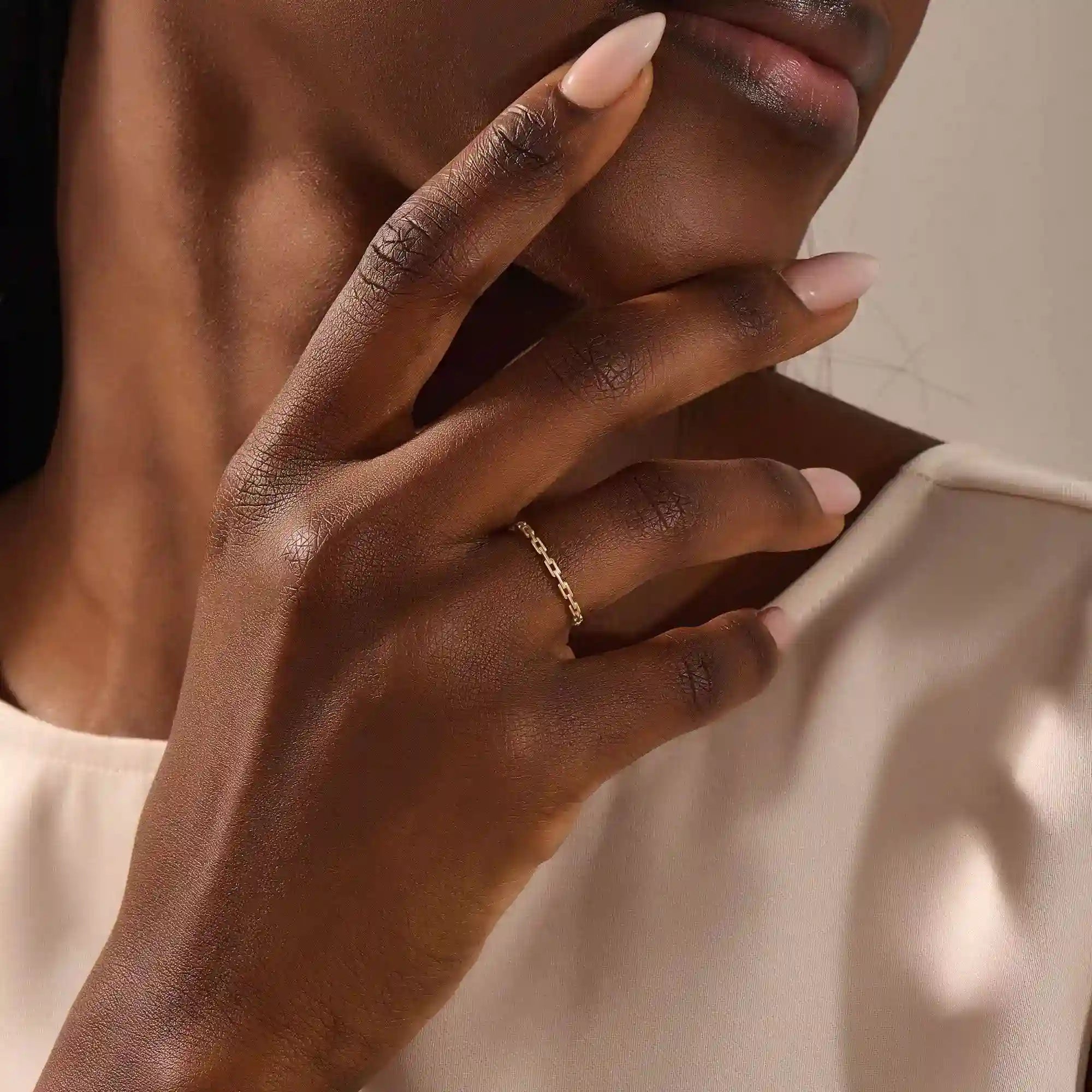 14k solid gold ultra thin stacking chain ring for women