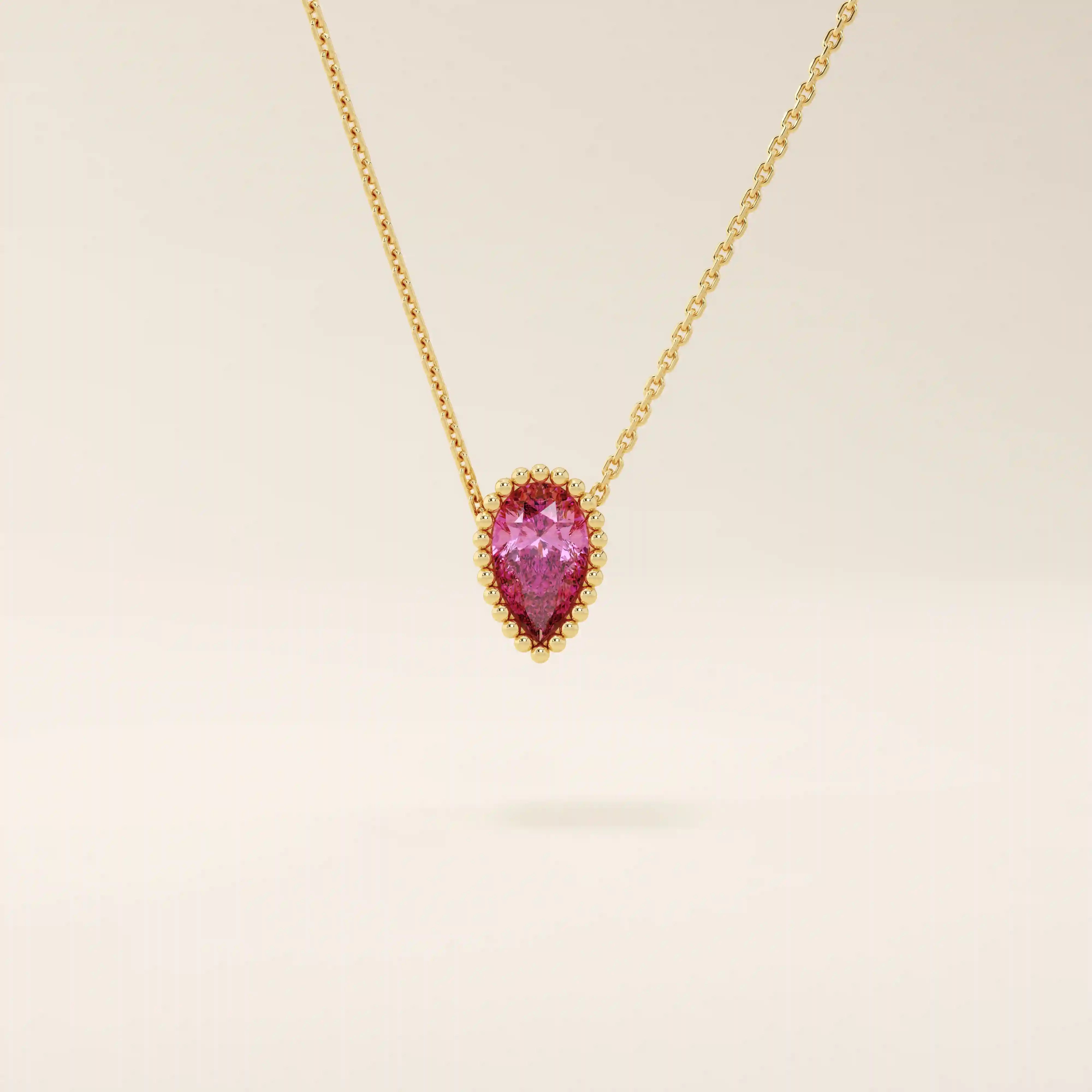 14K SOLID GOLD PEAR SHAPE PINK STONE MOVING CHARM NECKLACE