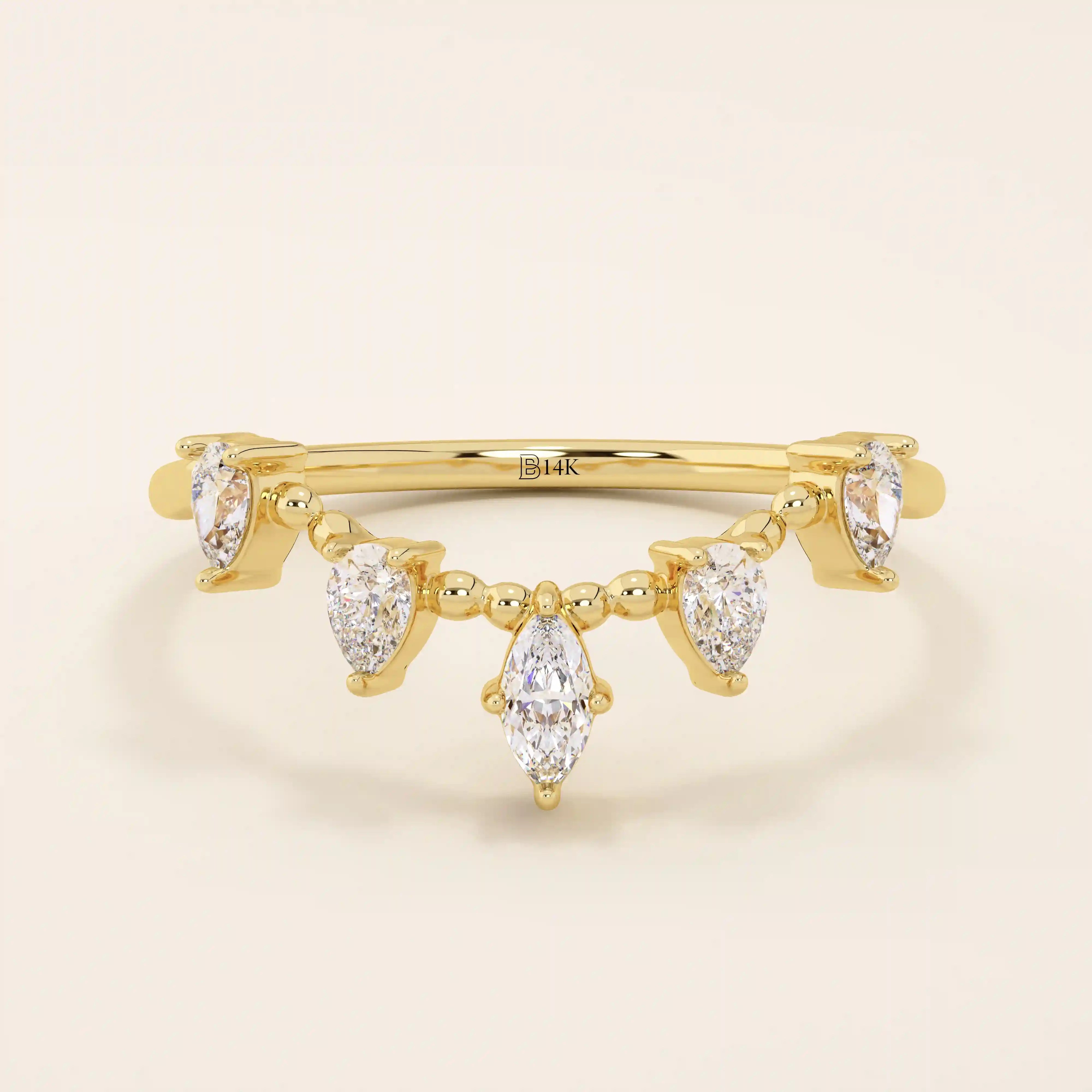 14k solid gold beaded band marquise pear moissanite stones stackable curve ring for women