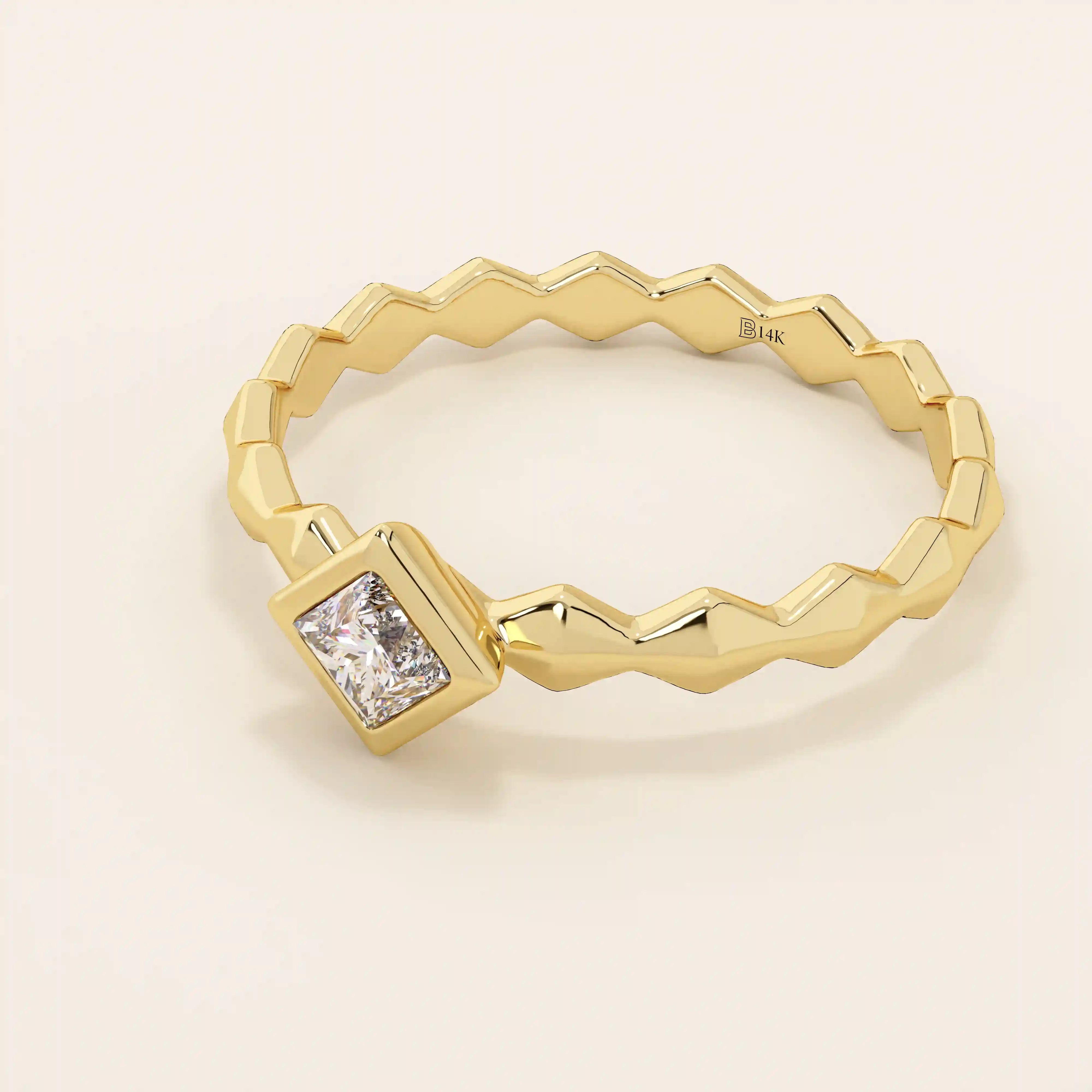 Bezel set princess square cut solitaire engagement ring in 14k solid gold. Sleek modern design for women.