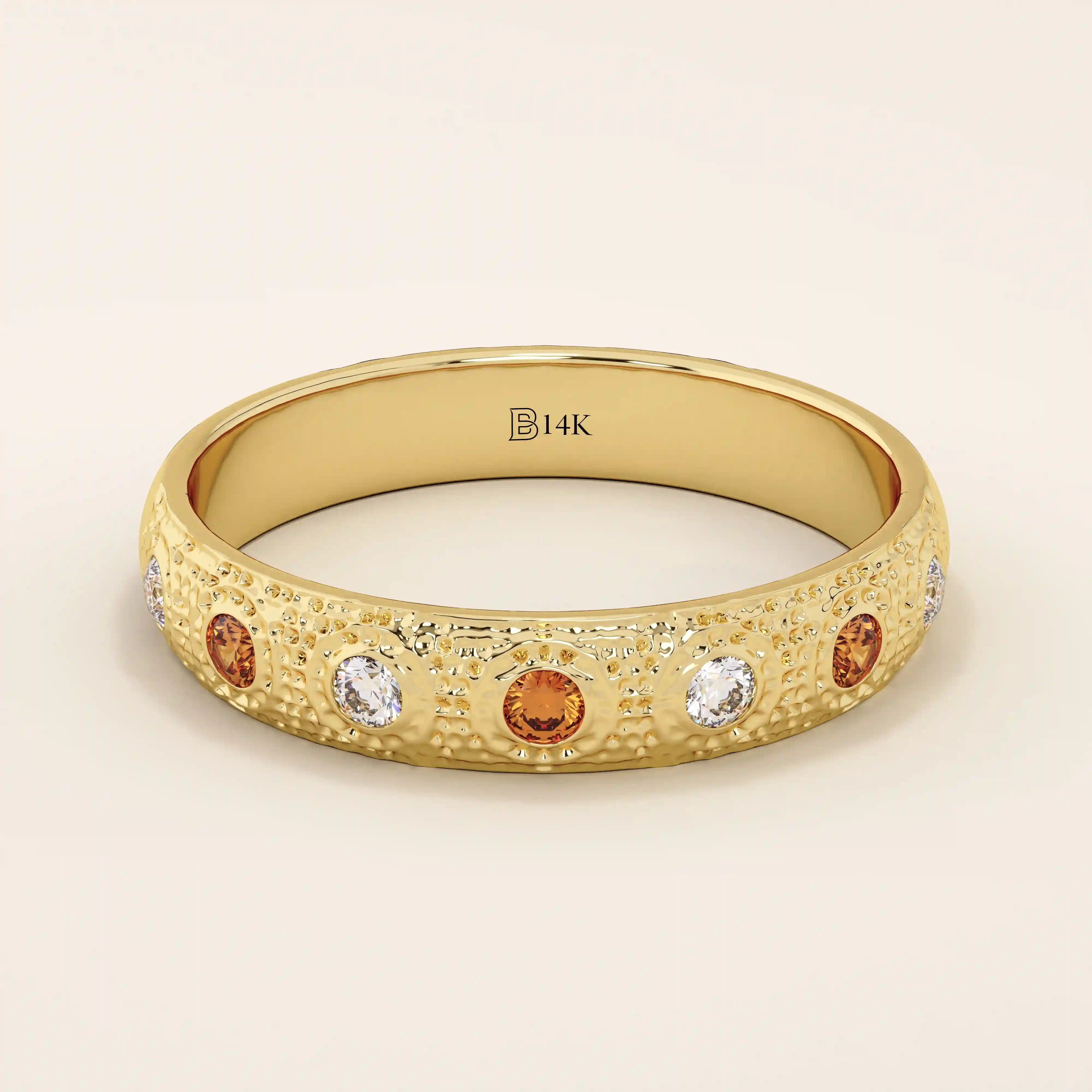14k solid gold textured band orange citrine and moissanite alternating wedding band for women