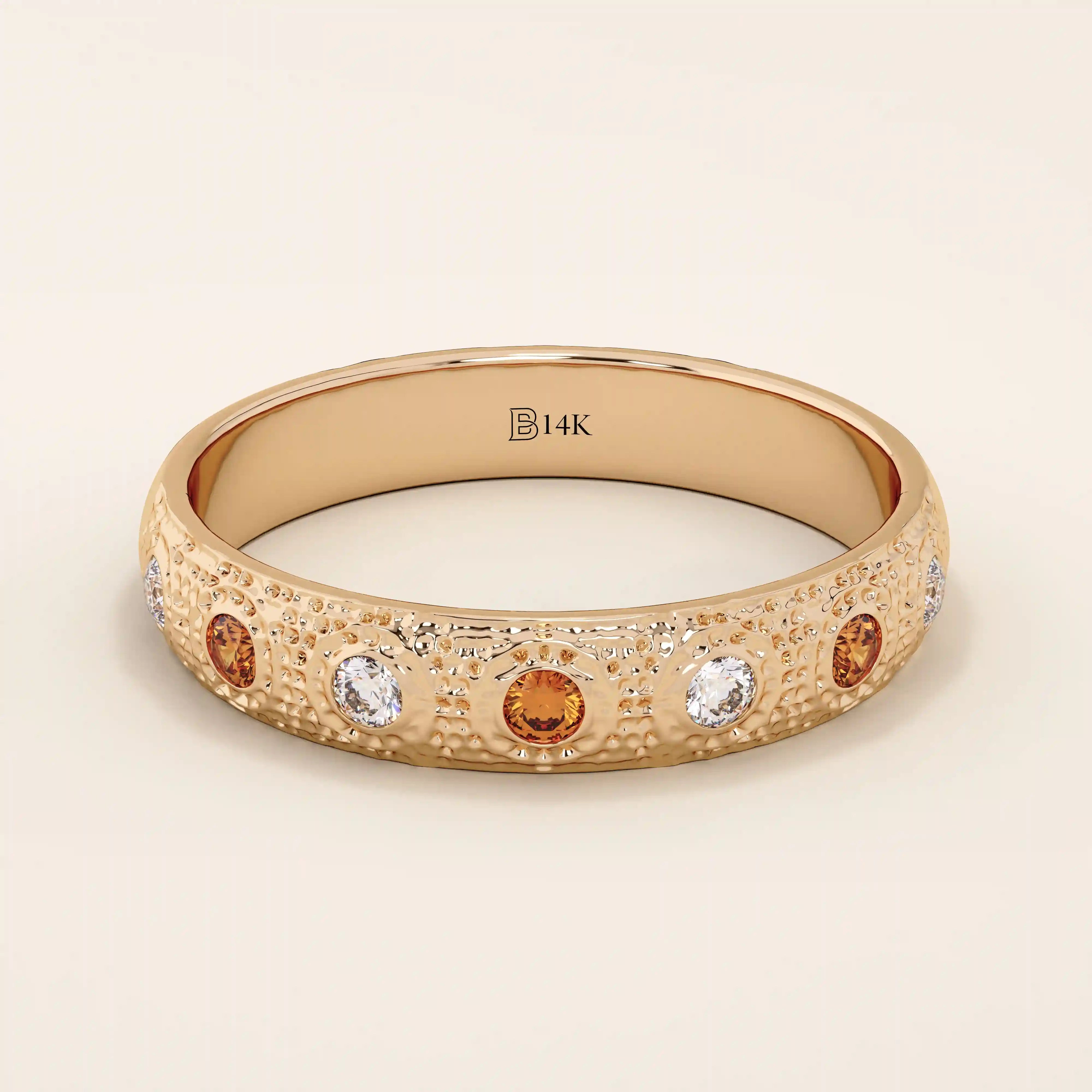 14k solid gold textured band orange citrine and moissanite alternating wedding band for women