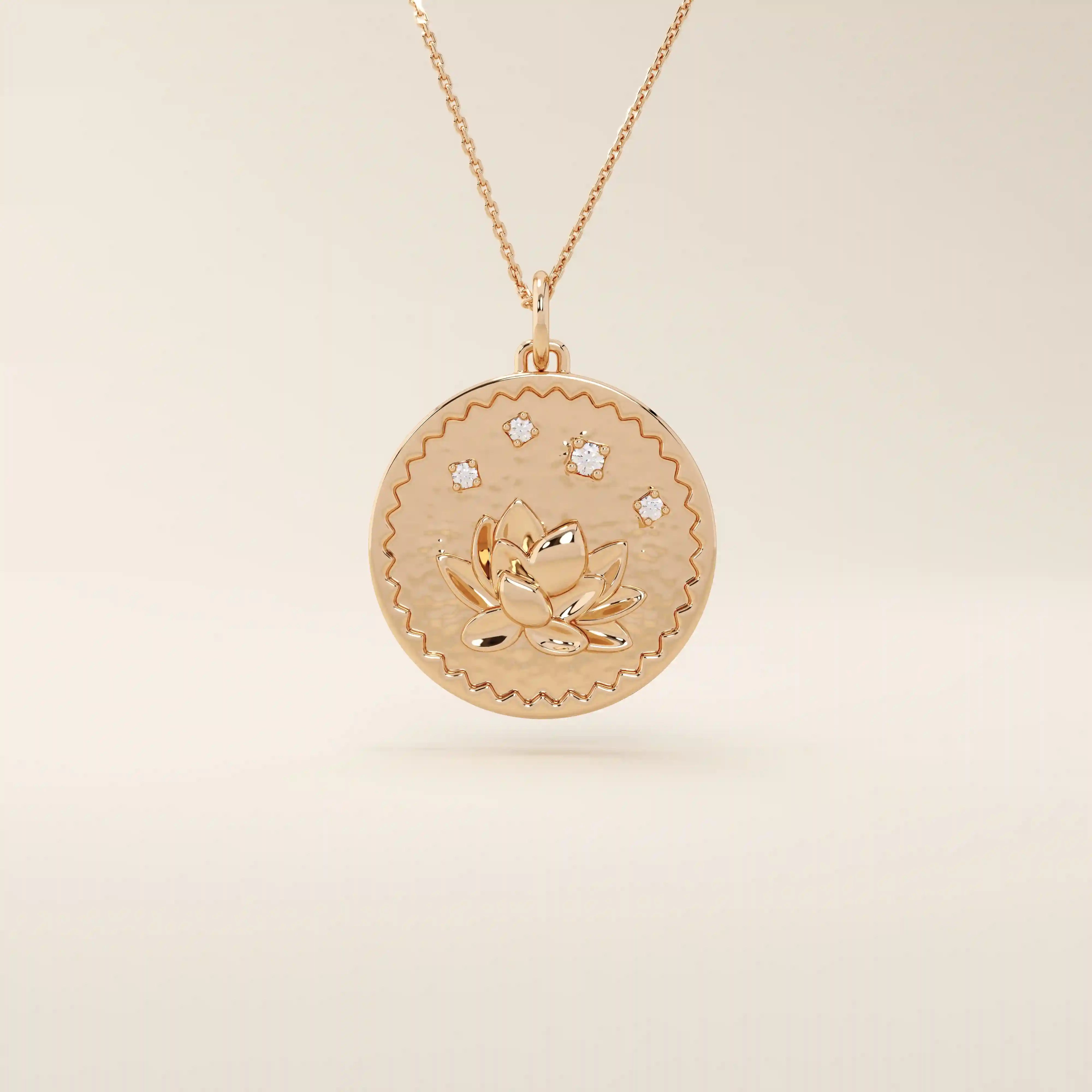 Close-up of a 14k solid rose gold pendant necklace featuring an embossed water lily and a tiny moissanite. Dainty nature-inspired jewelry for women. Ideal as a minimalist everyday gold necklace.