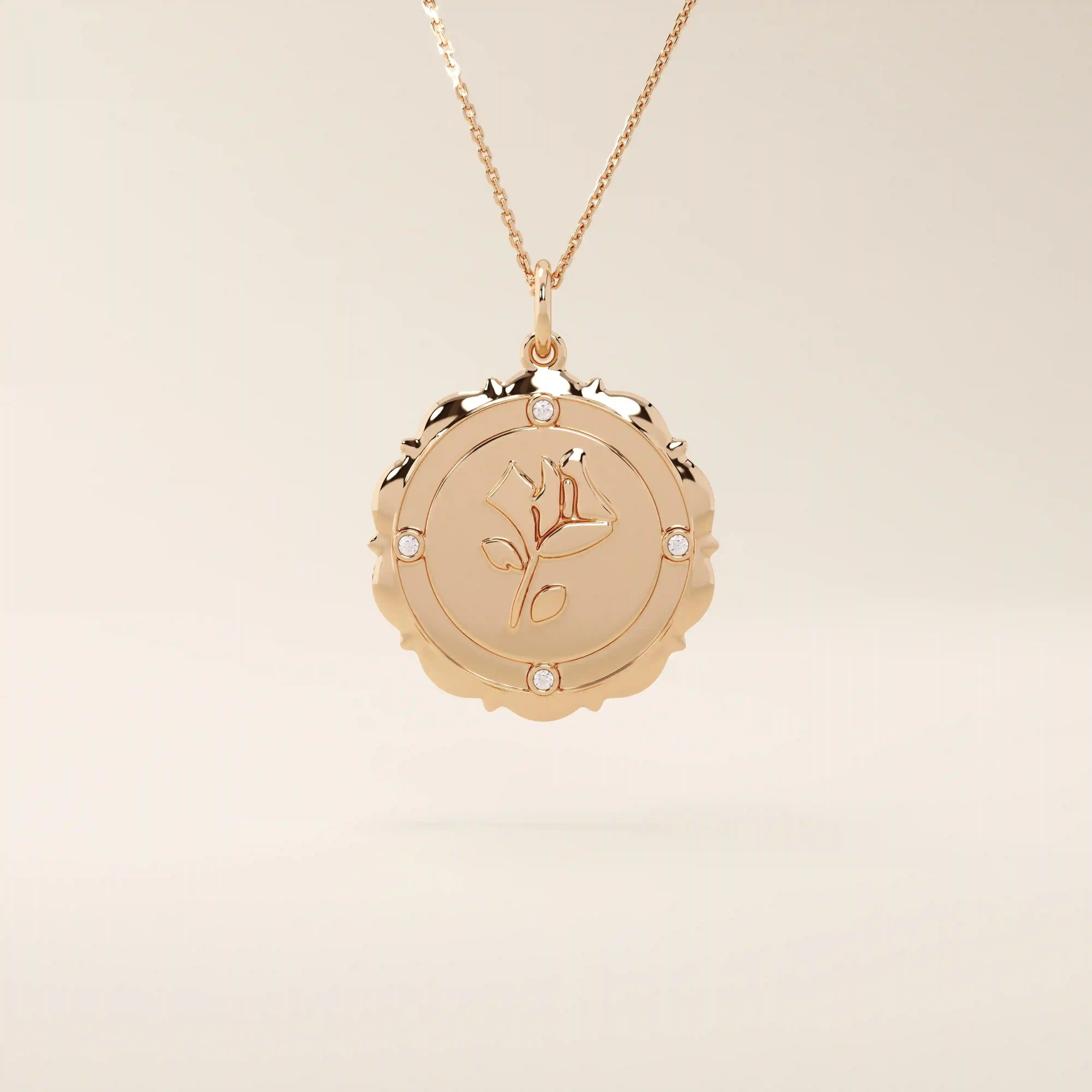 Close-up of a 14k solid gold pendant necklace with an embossed single rose and tiny moissanites. Romantic floral gold necklace for women. Perfect minimalist jewelry gift.
