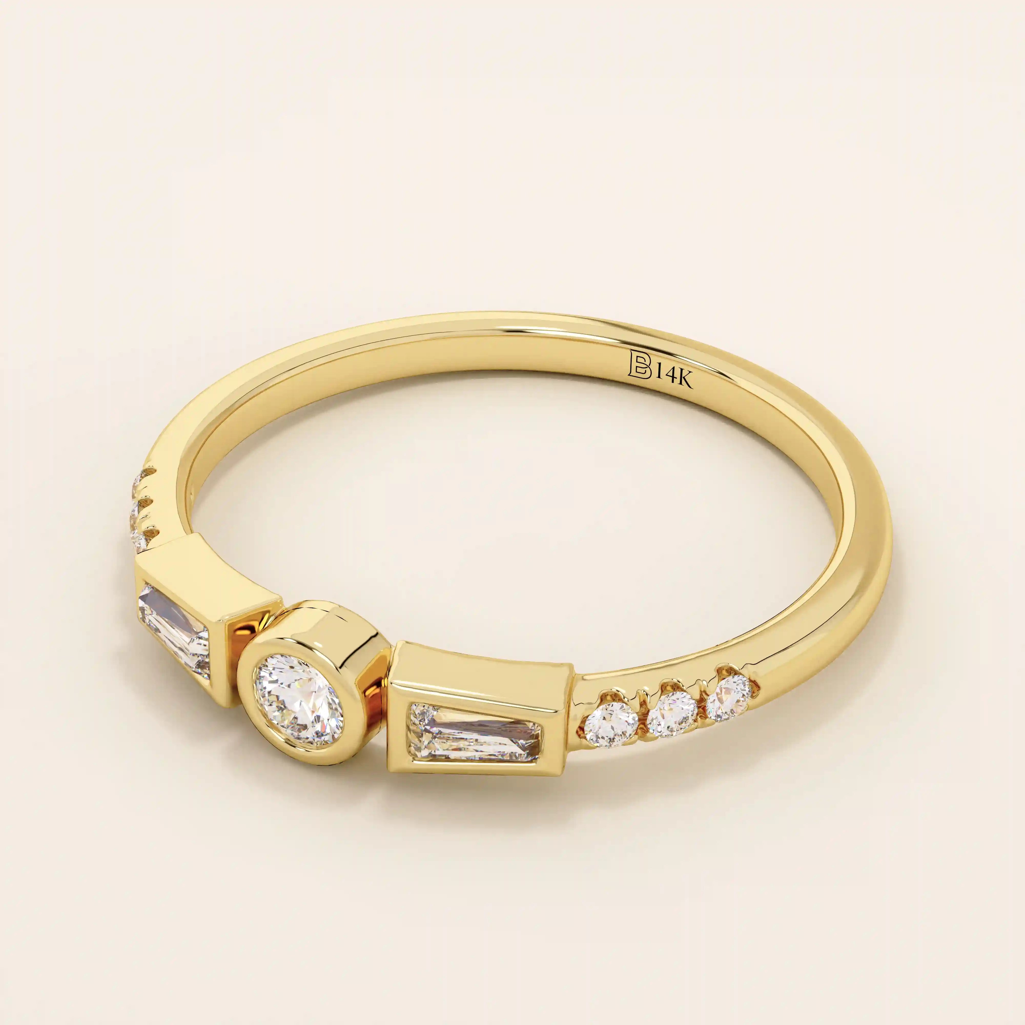 Elegant 14k solid gold bezel promise ring for women, featuring mixed cut moissanite stones for a unique and timeless design.