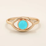 14K SOLID PLAIN GOLD EVIL EYE RING WITH A NATURAL TURQUOISE STONE AT CENTER FOR WOMEN