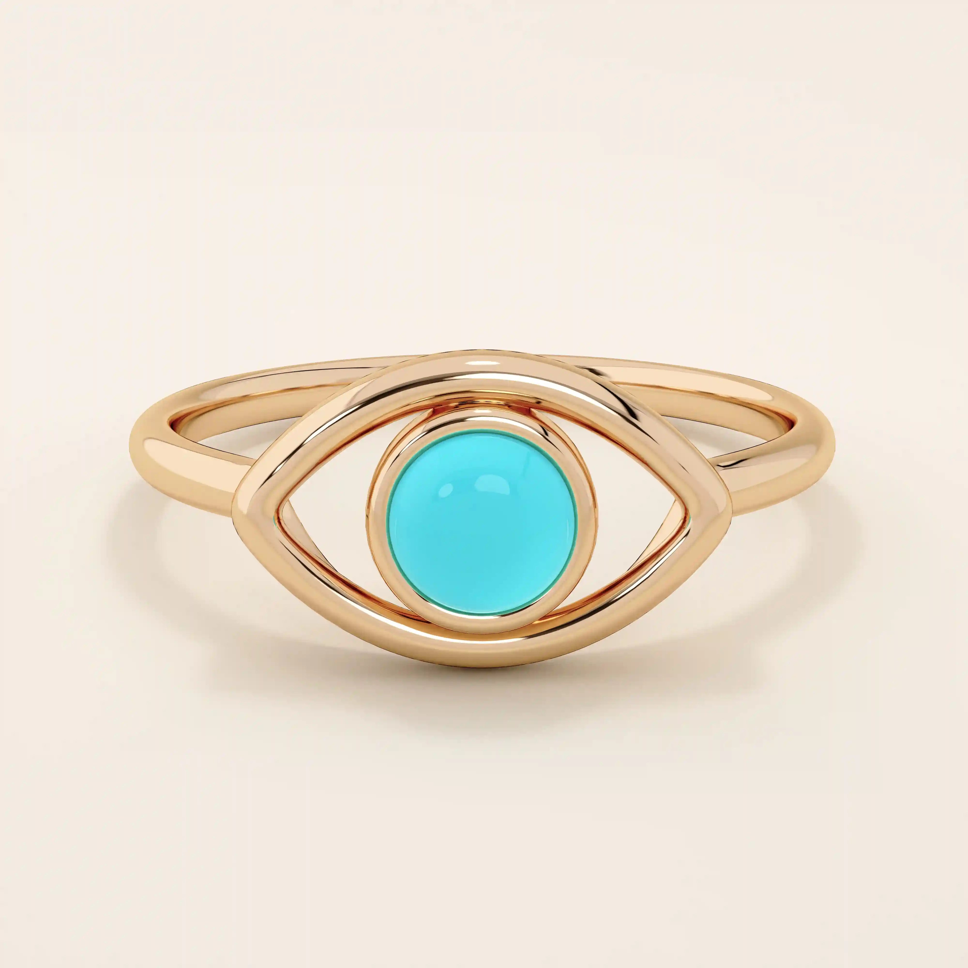 14K SOLID PLAIN GOLD EVIL EYE RING WITH A NATURAL TURQUOISE STONE AT CENTER FOR WOMEN