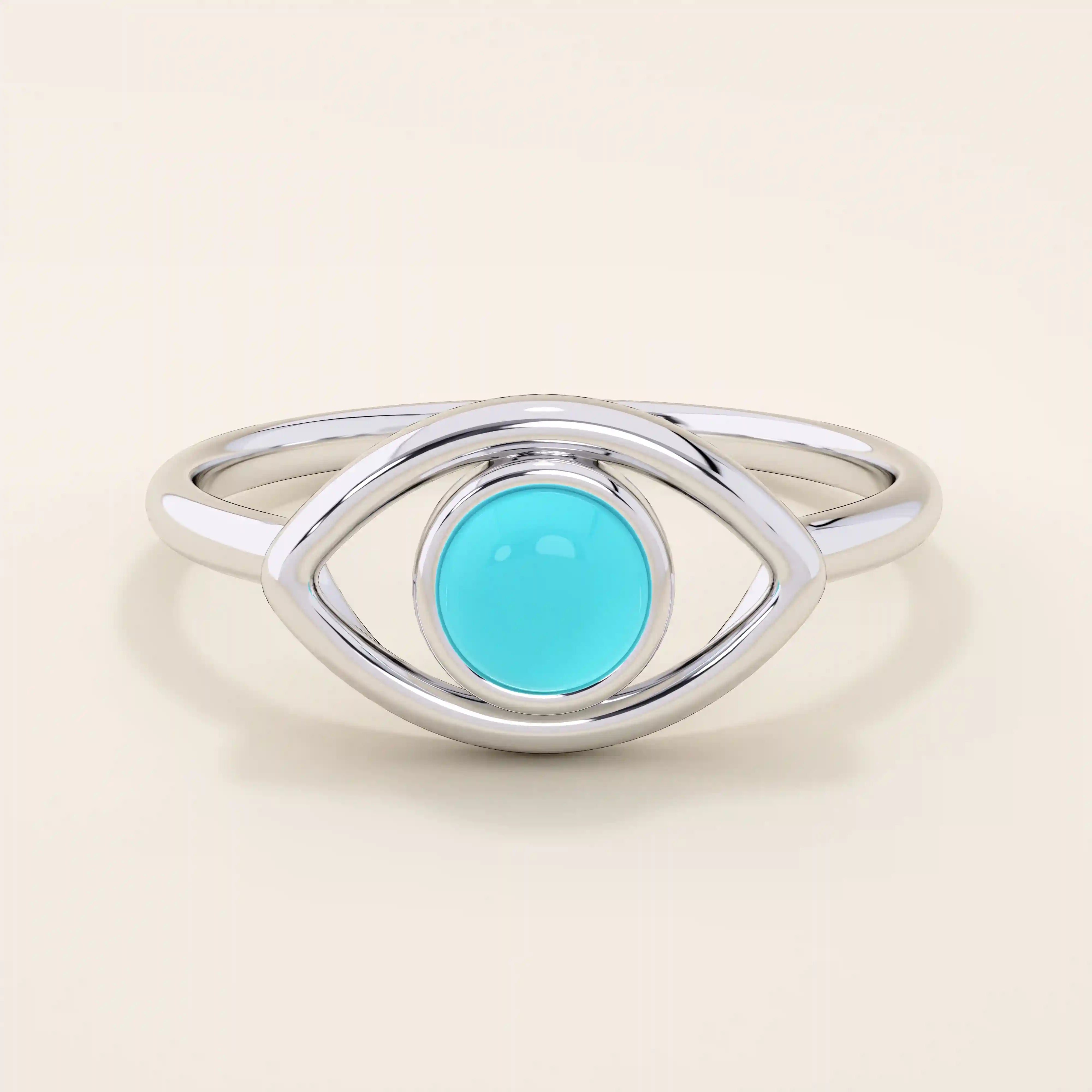 14K SOLID PLAIN GOLD EVIL EYE RING WITH A NATURAL TURQUOISE STONE AT CENTER FOR WOMEN