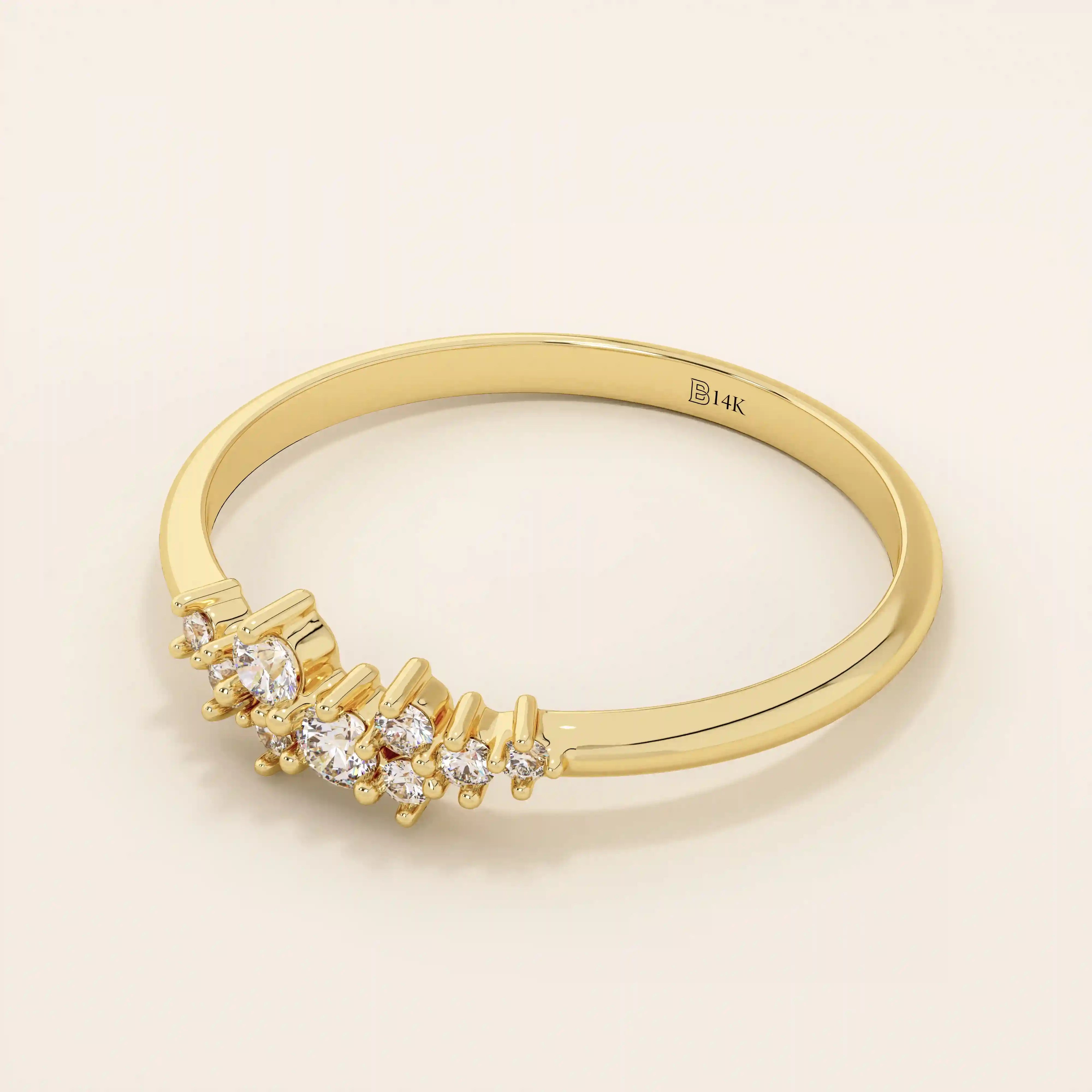 Minimalist cluster moissanite stacking wedding ring crafted in 14k solid gold, featuring a delicate round stone arrangement for timeless elegance.