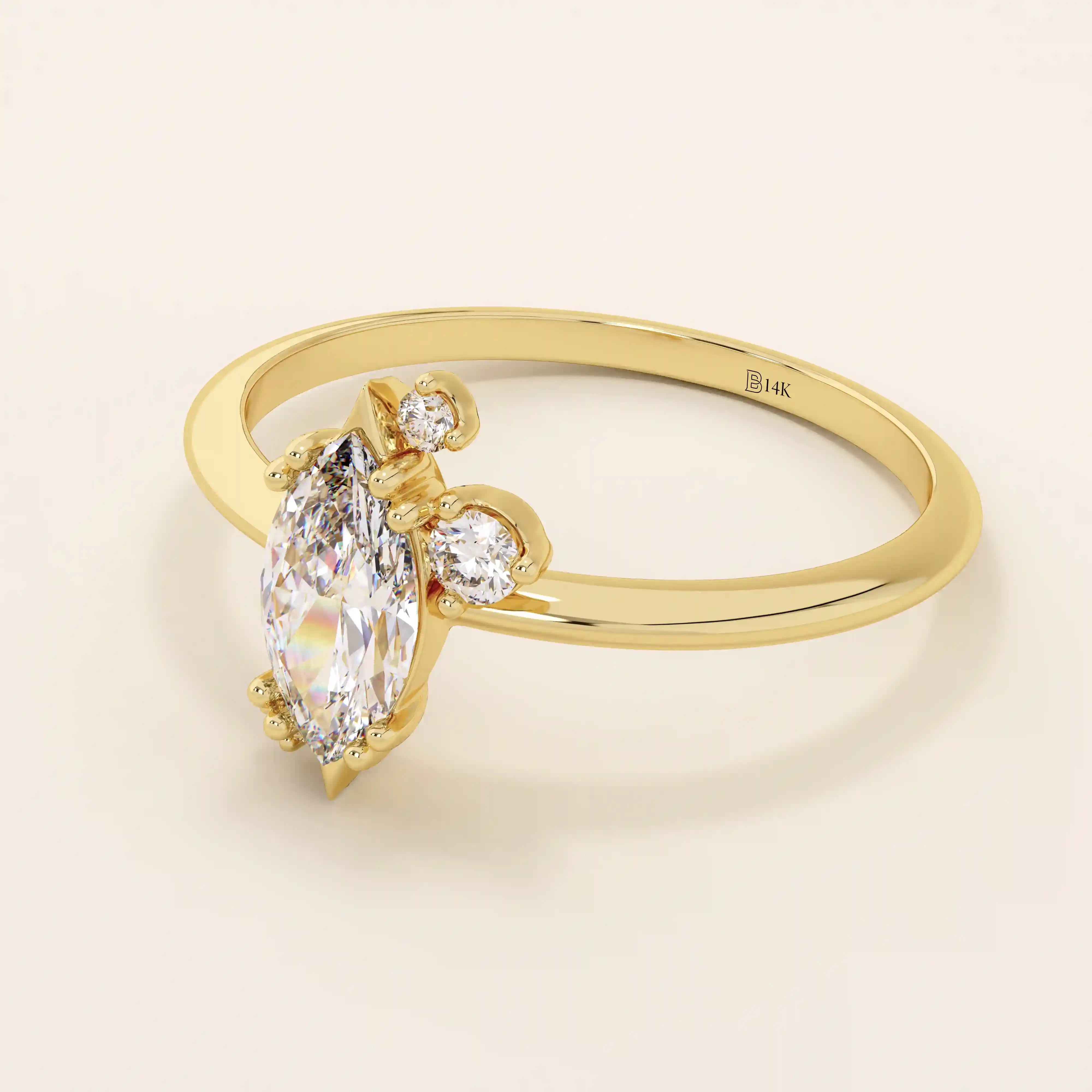 Minimalist solitaire engagement ring in 14k solid gold featuring a marquise-cut moissanite. Sleek and elegant design for modern brides.