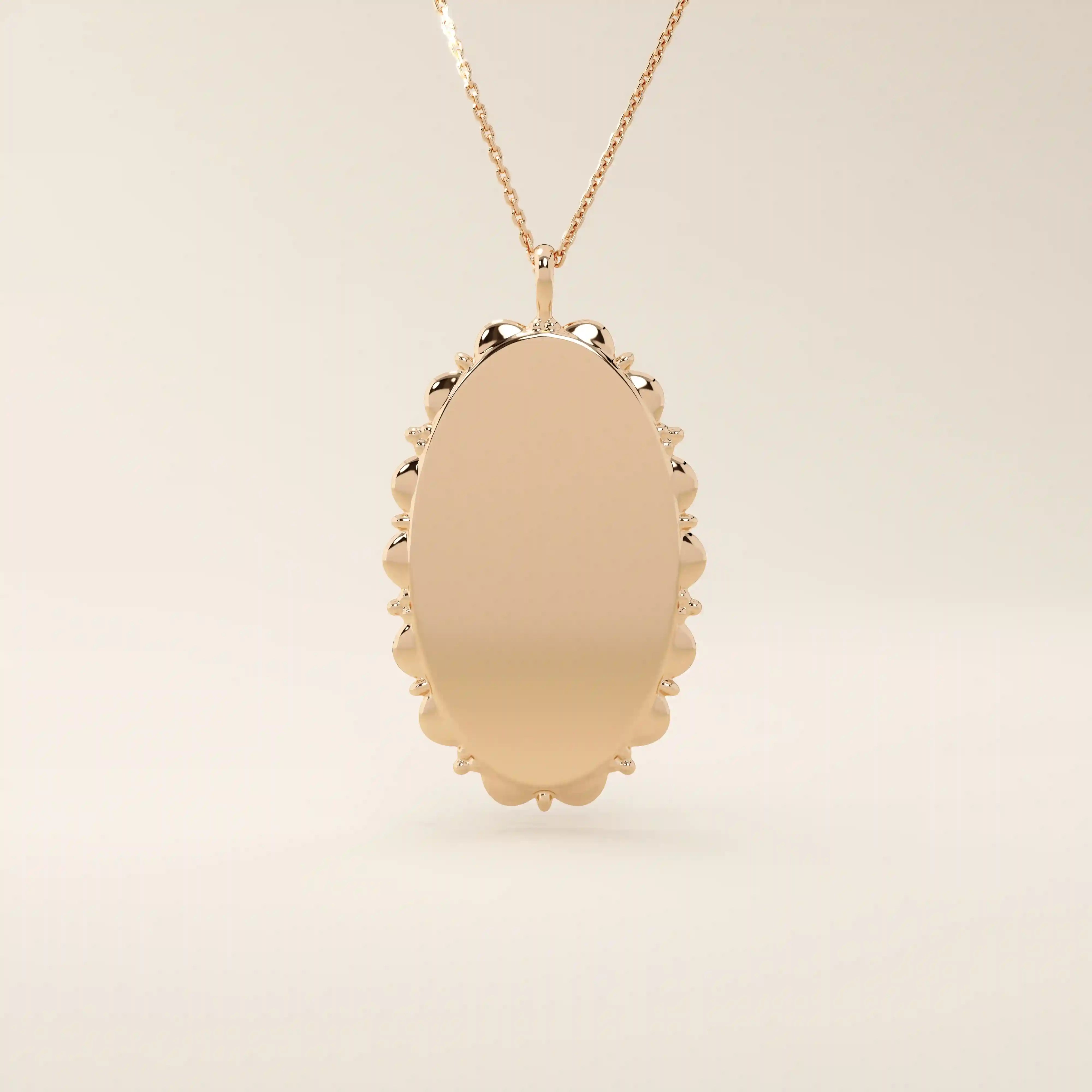Oval-shaped 14k solid gold necklace with a smooth, plain surface, perfect for engraving. A minimalist and timeless jewelry piece.