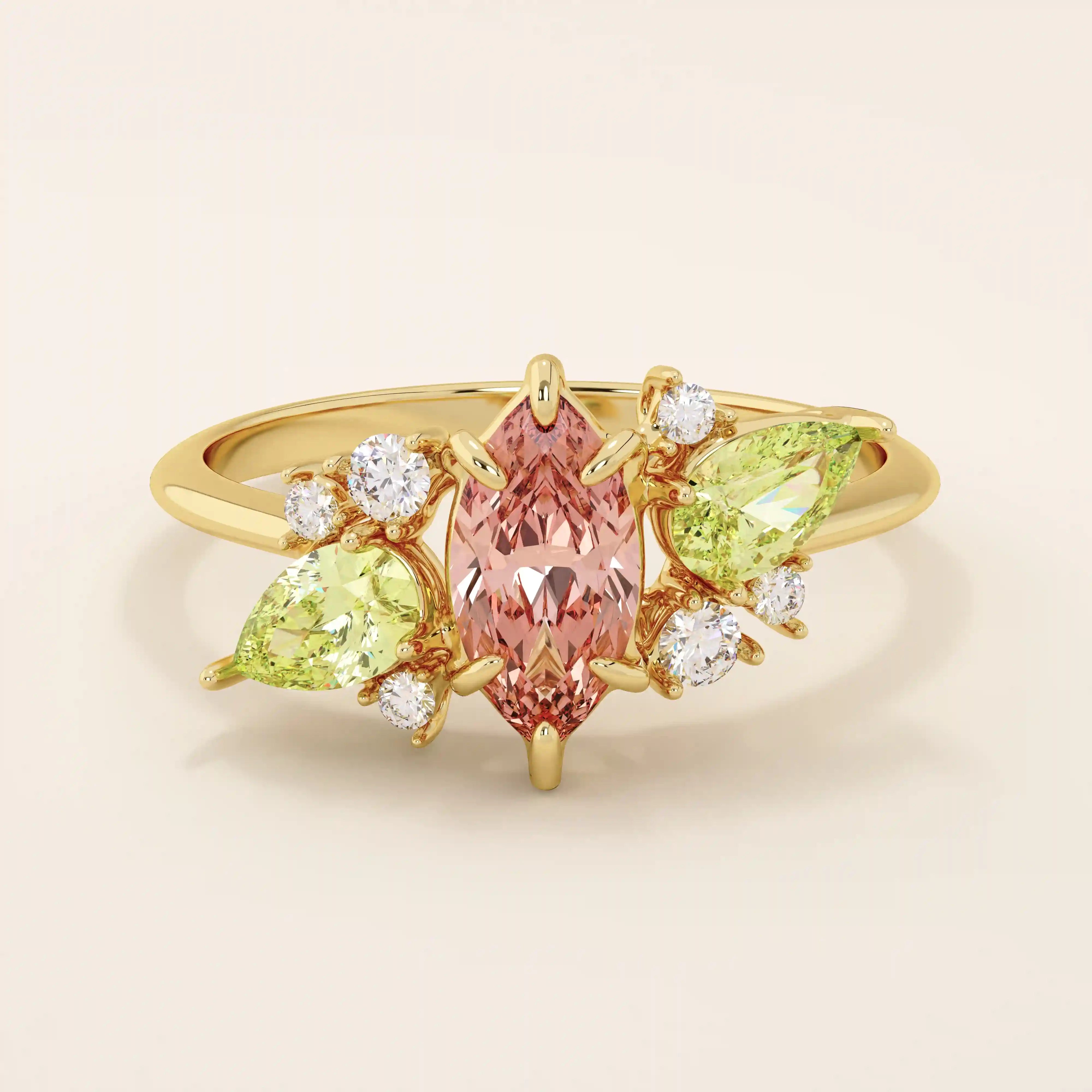 14K ENGAGEMENT RING with a marquise Padparadscha Sapphire, complemented by pear-cut olive green sapphire and sparkling moissanite stones FOR WOMEN