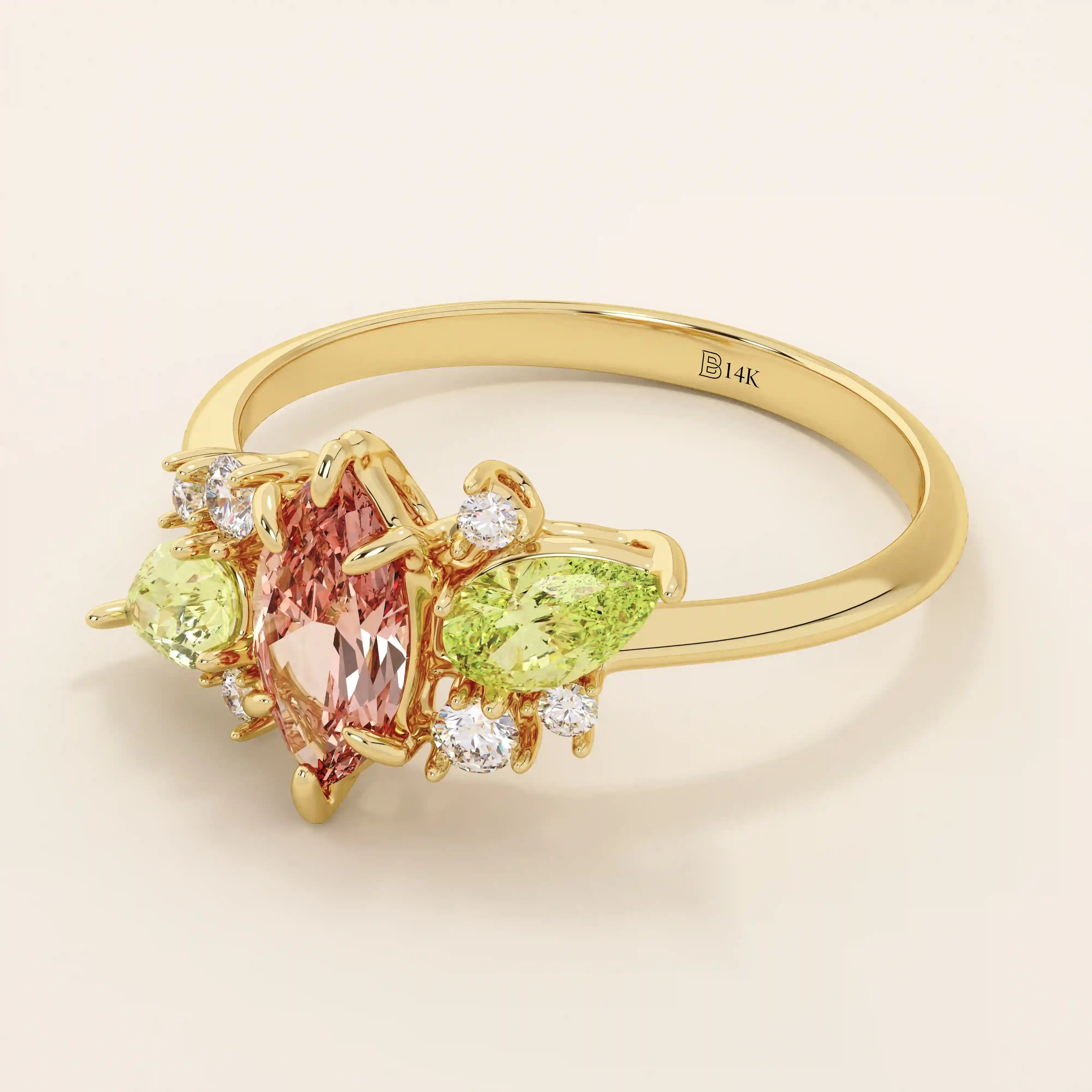 14K ENGAGEMENT RING with a marquise Padparadscha Sapphire, complemented by pear-cut olive green sapphire and sparkling moissanite stones FOR WOMEN