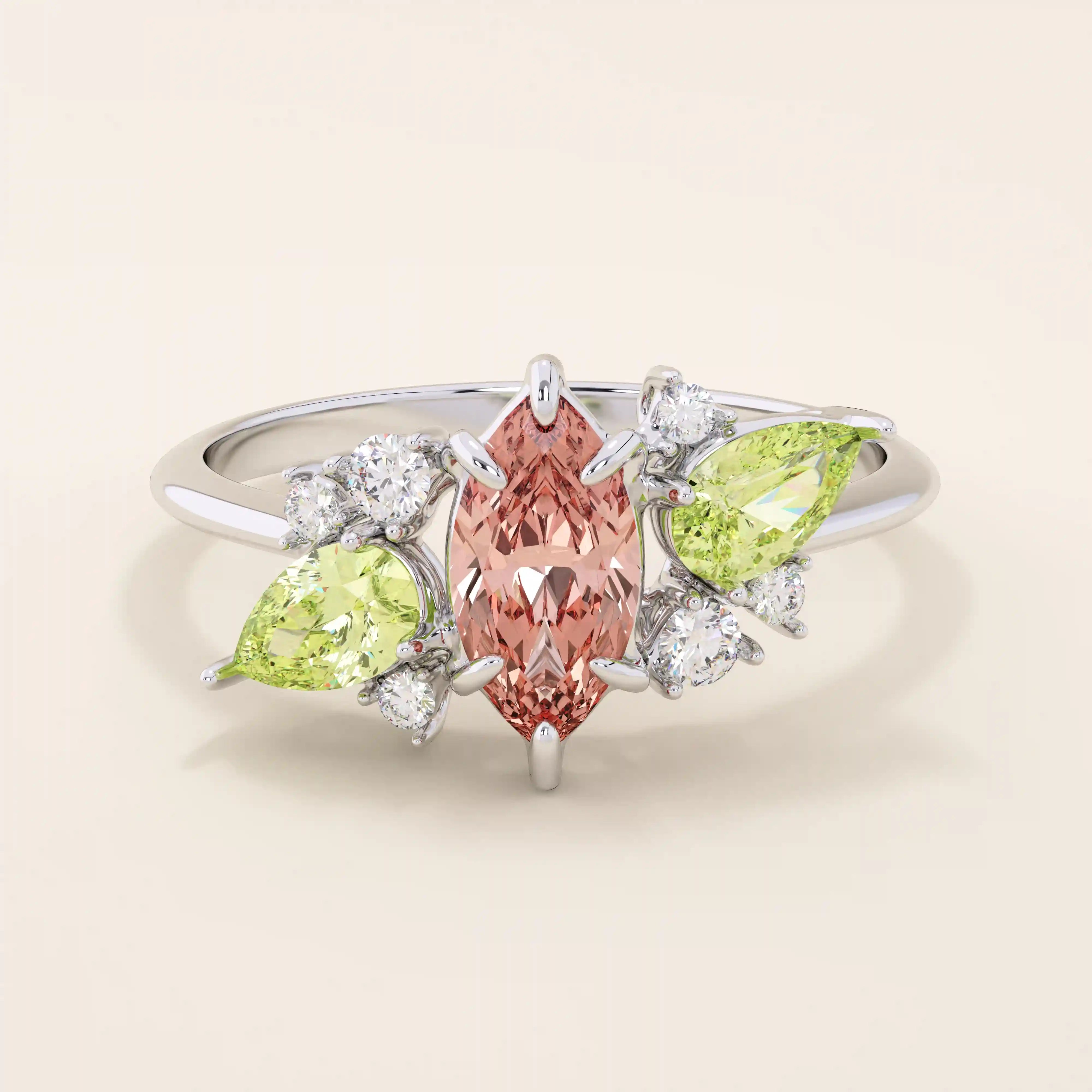 14K ENGAGEMENT RING with a marquise Padparadscha Sapphire, complemented by pear-cut olive green sapphire and sparkling moissanite stones FOR WOMEN