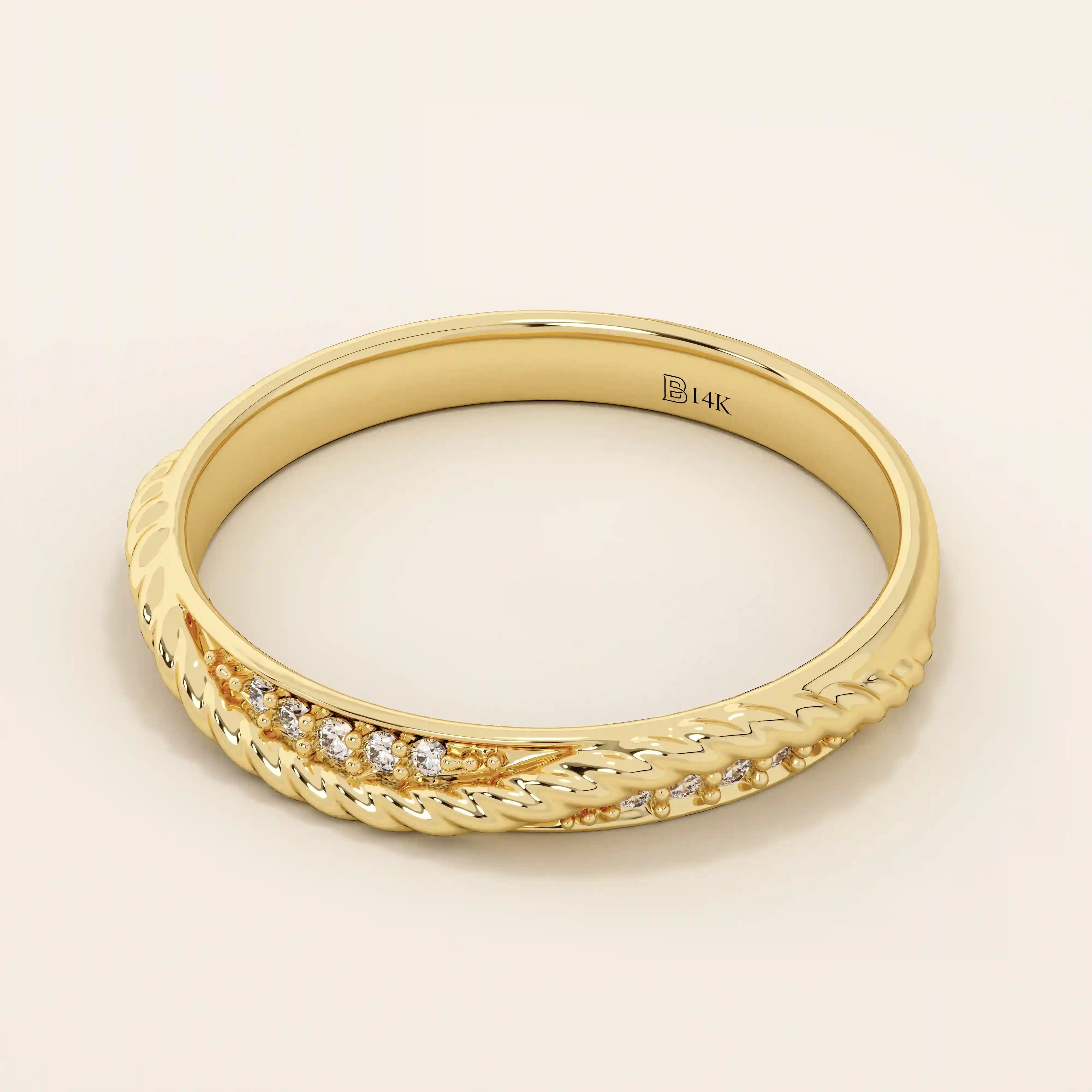 Side angle view of a 14k solid yellow gold braided wedding band with a row of round brilliant diamonds, classic and versatile design