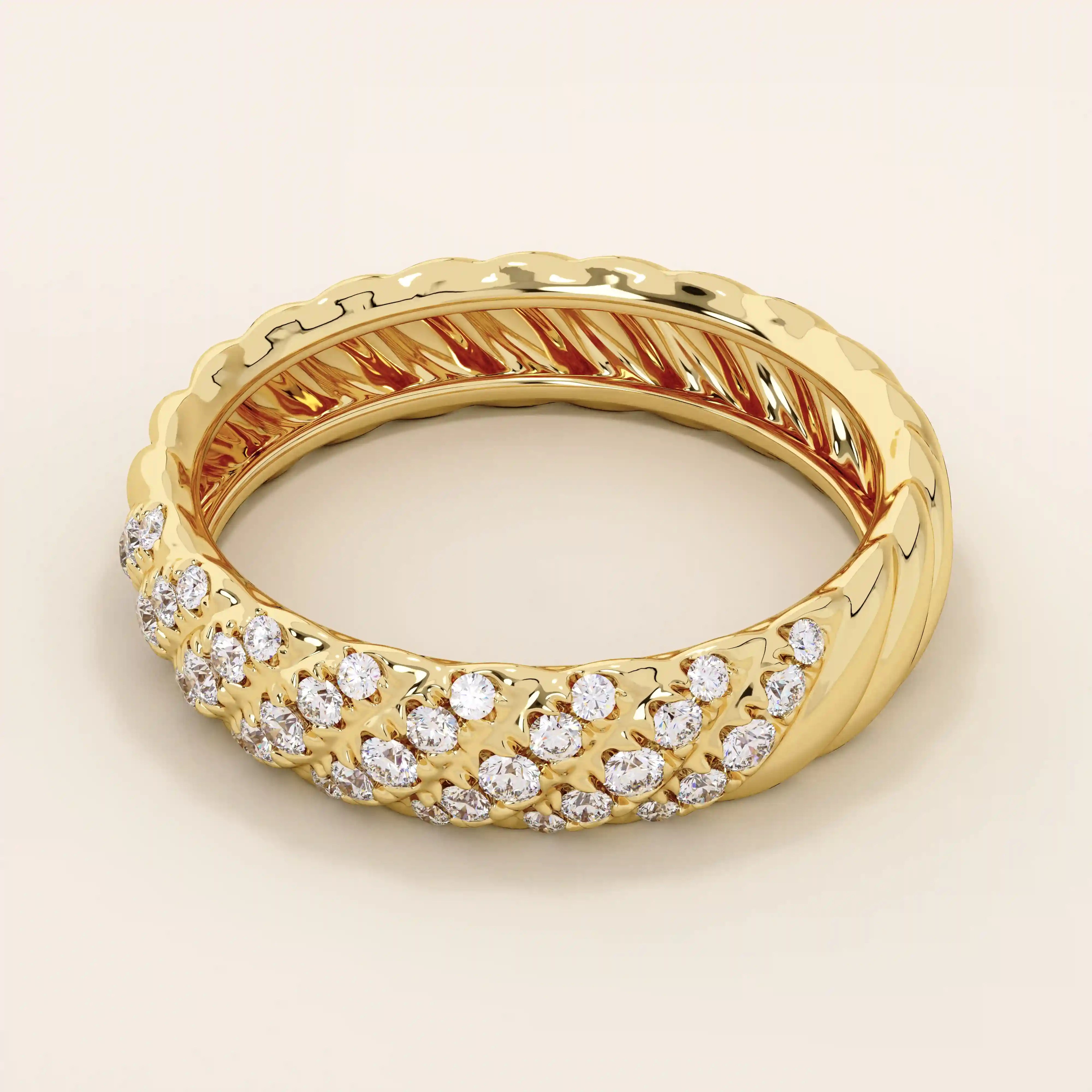 Side angle view of a 14k solid yellow gold dome band with rows of pavé set round brilliant cut moissanite stones, sophisticated and glamorous bridal jewelry