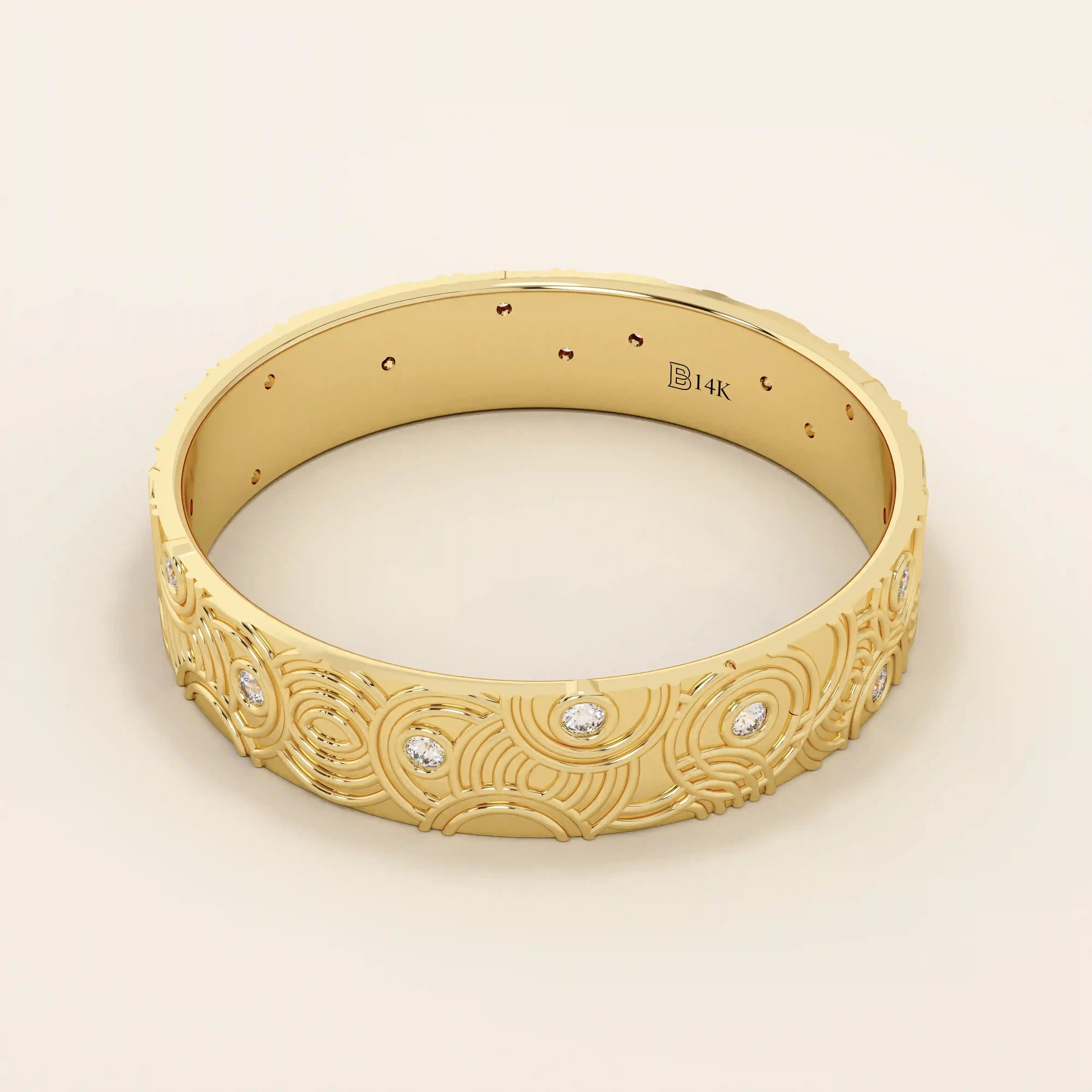 Side angle view of a 14k solid yellow gold wedding band with a concentric circle pattern and bezel-set round moissanites, bold geometric style
