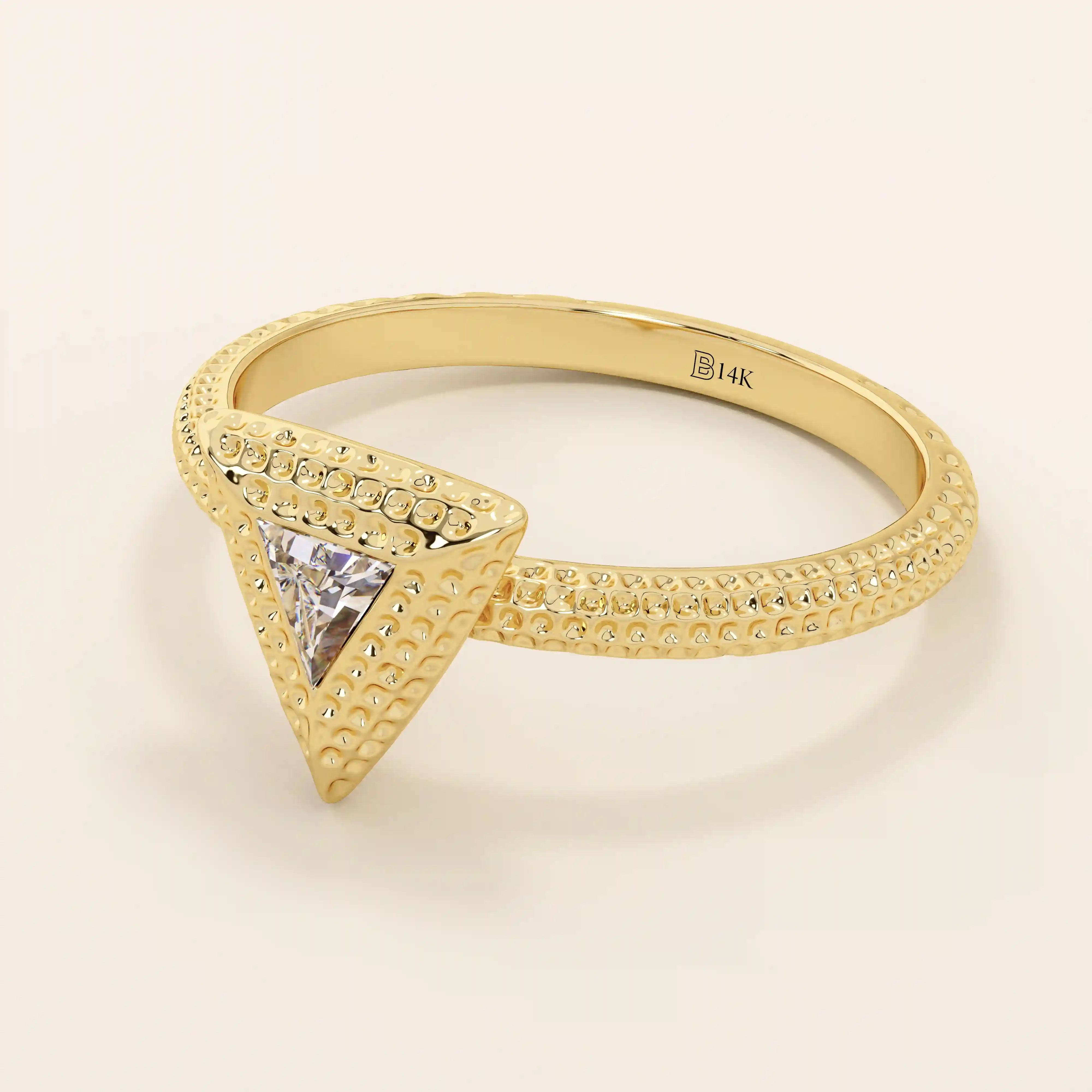 14k solid gold textured gold band bezel triangle cut moissanite