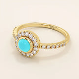 14k solid gold turquoise and moissanite stones halo engagement ring for women