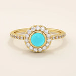 14k solid gold turquoise and moissanite stones halo engagement ring for women