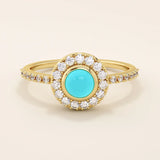 14k solid gold turquoise and moissanite stones halo engagement ring for women