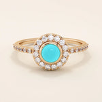 14k solid gold turquoise and moissanite stones halo engagement ring for women