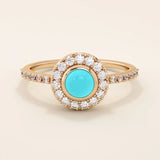 14k solid gold turquoise and moissanite stones halo engagement ring for women