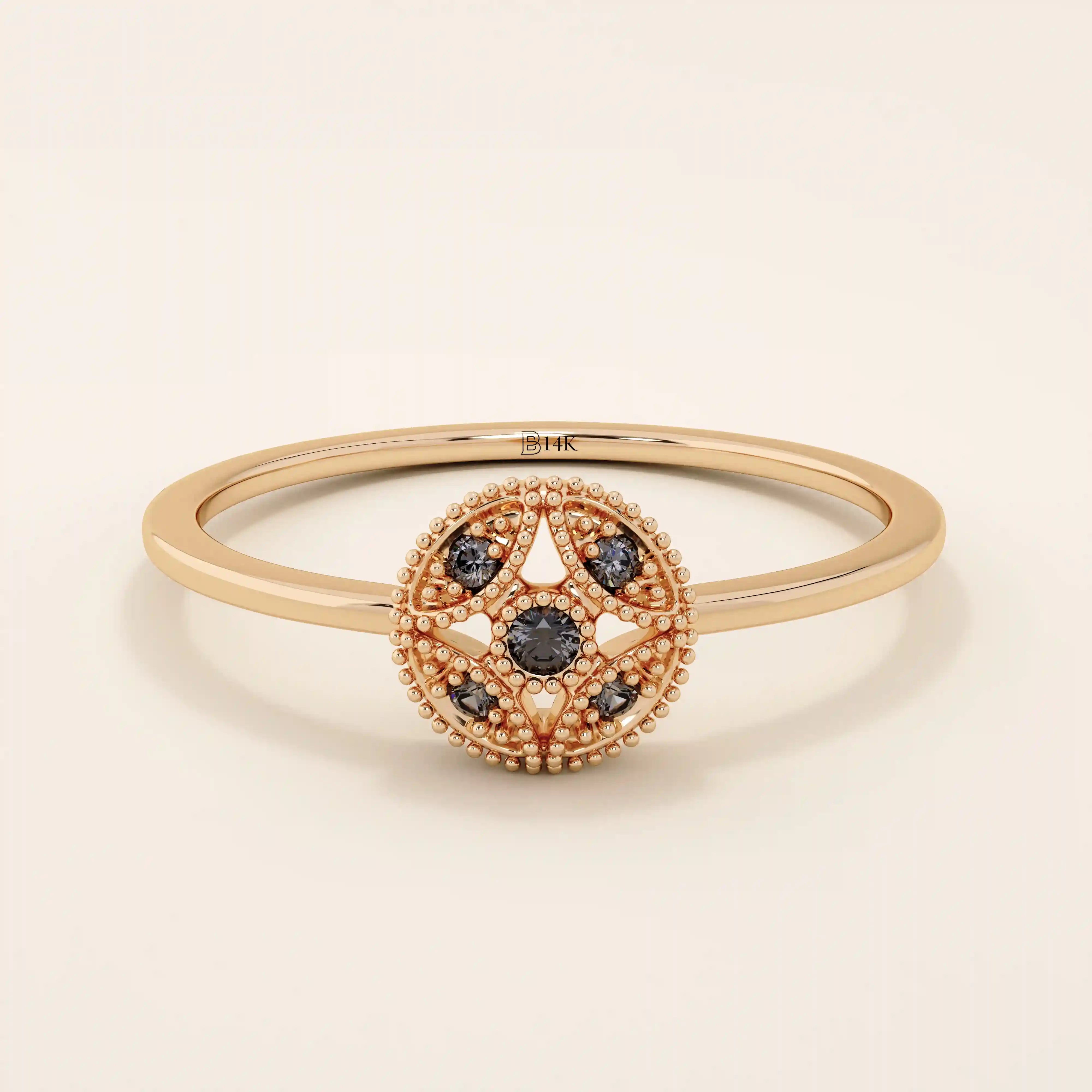 14K SOLID GOLD classic VINTAGE design and stunning black stones with intricate milgrain detailing ENGAGEMENT RING FOR WOMEN