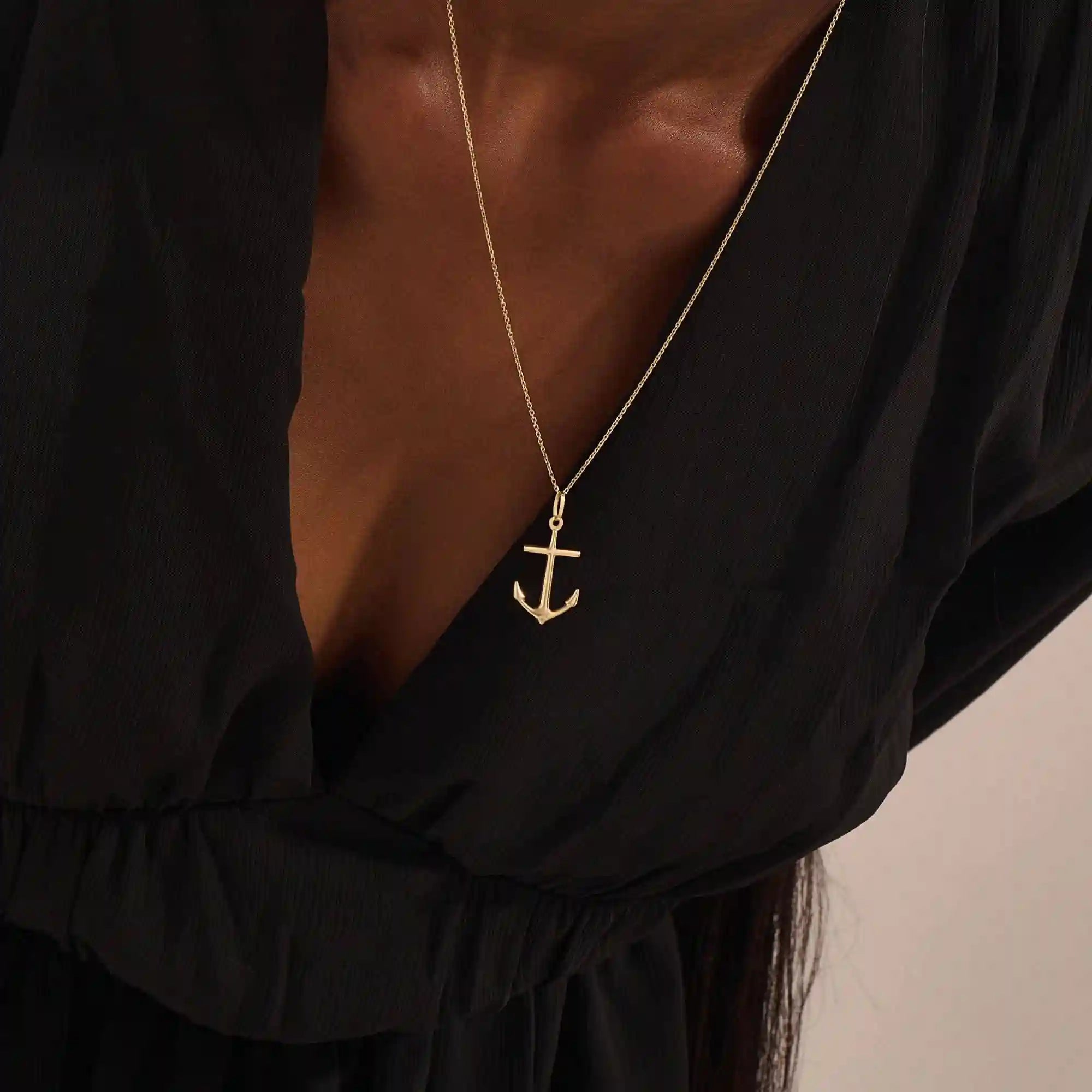 14k solid gold plain gold anchor pendant necklace for women