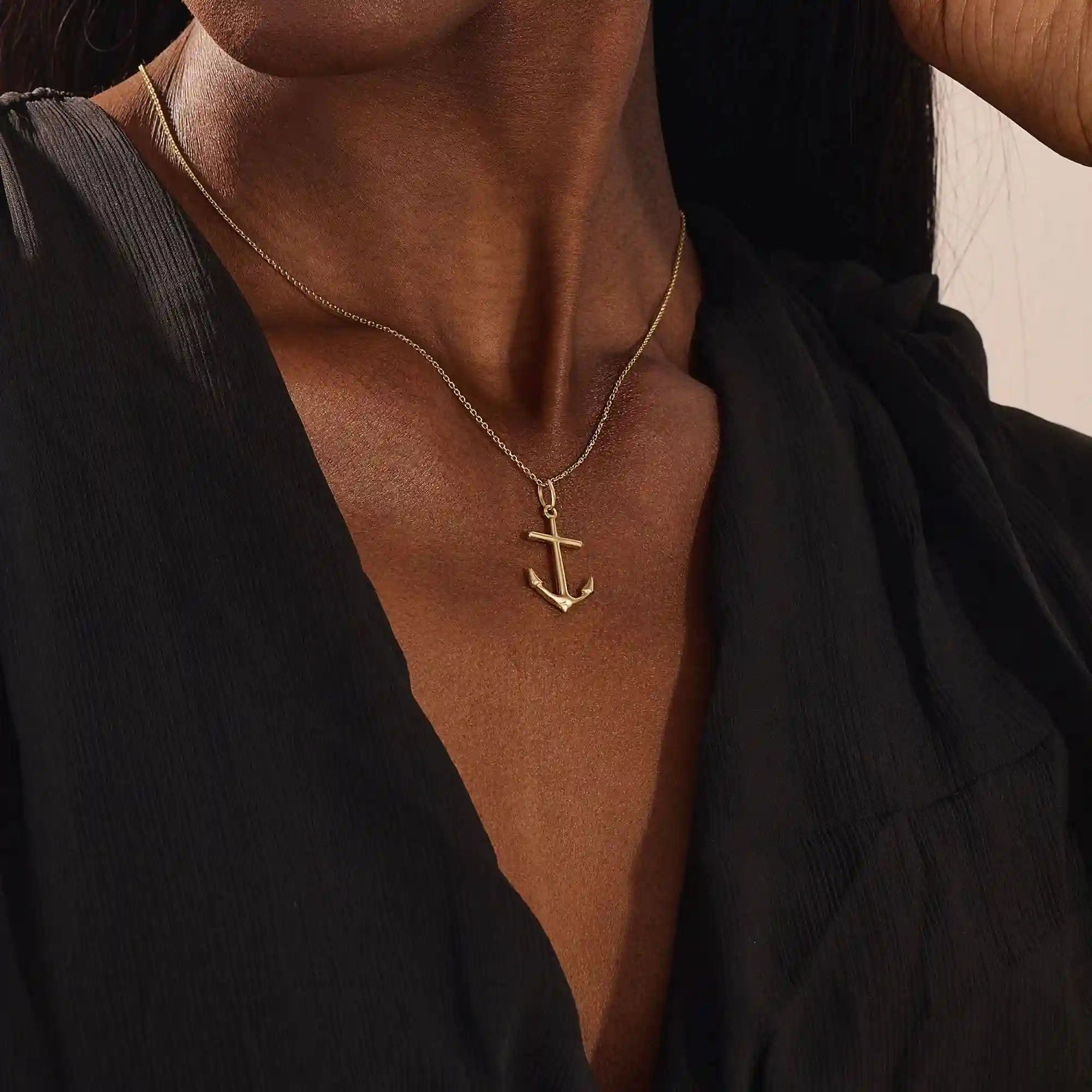 14k solid gold plain gold anchor pendant necklace for women