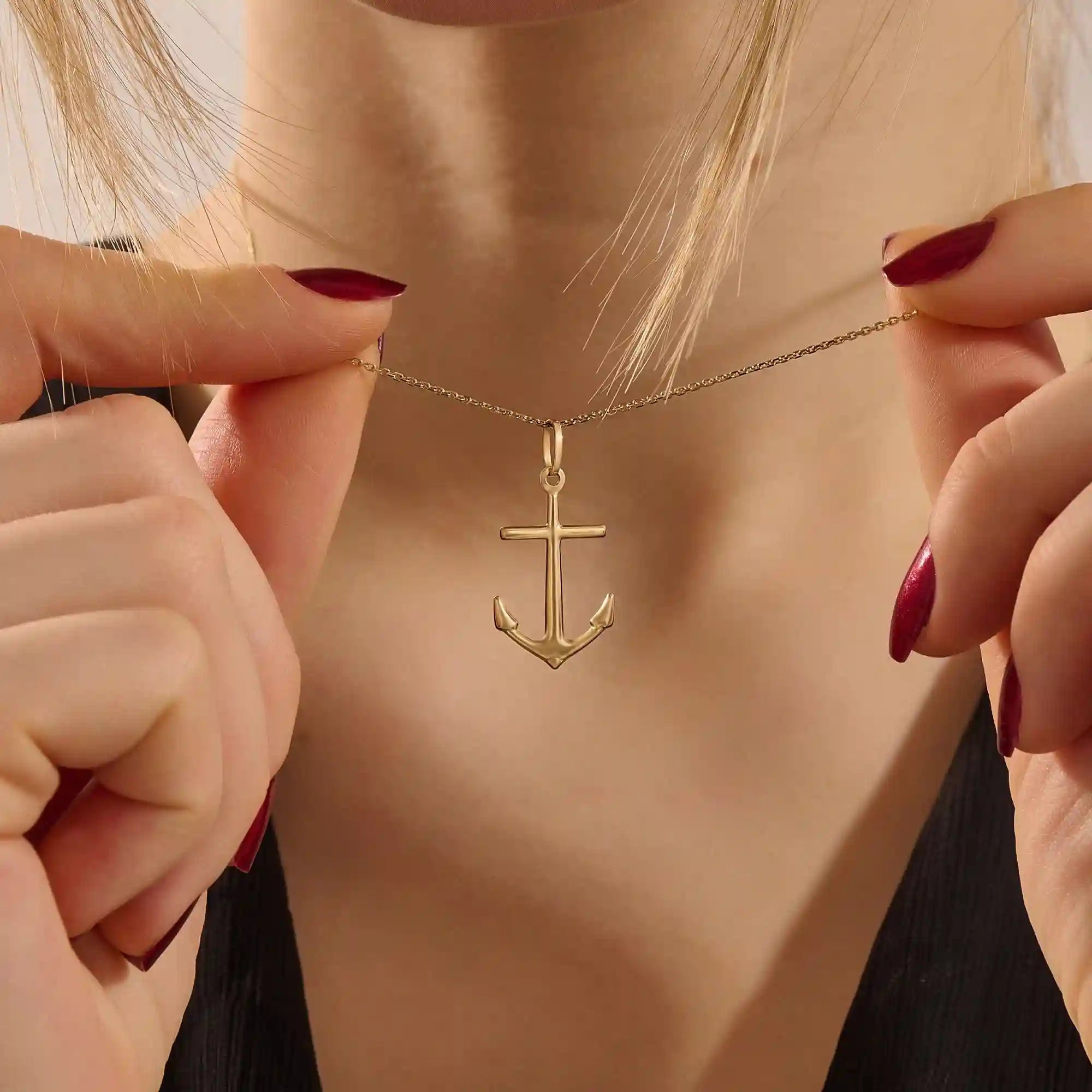 14k solid gold plain gold anchor pendant necklace for women