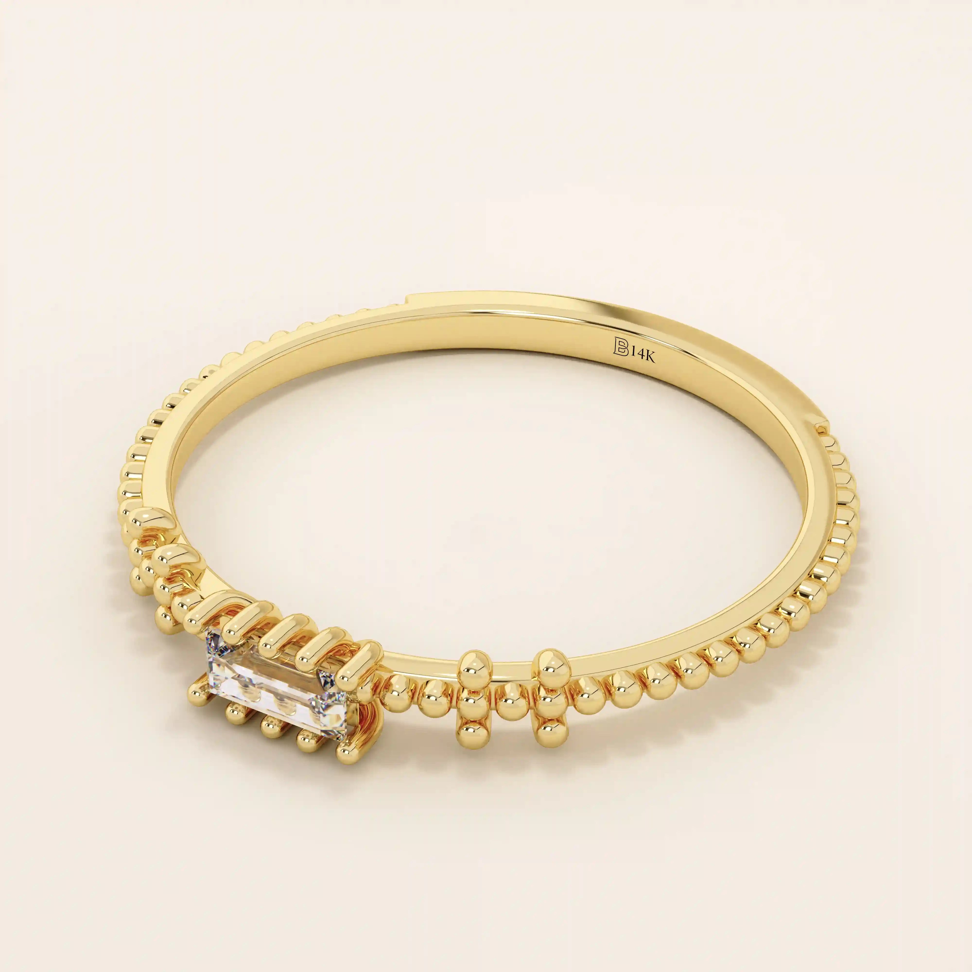 SOLITAIRE BAGUETTE TINY BEAD BAND ENGAGEMENT RING IN 14K SOLID YELLOW GOLD FOR WOMEN