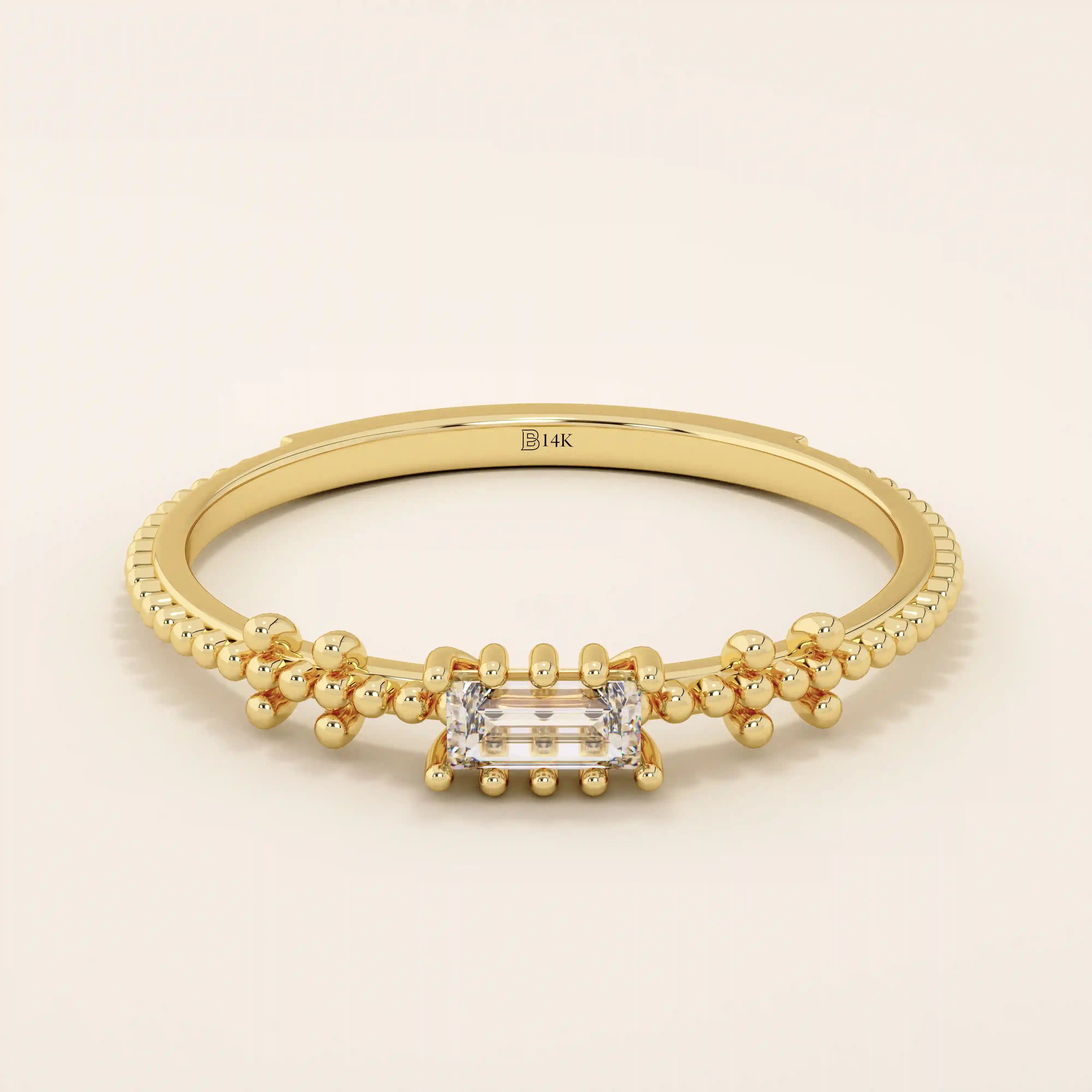 SOLITAIRE BAGUETTE TINY BEAD BAND ENGAGEMENT RING IN 14K SOLID YELLOW GOLD FOR WOMEN