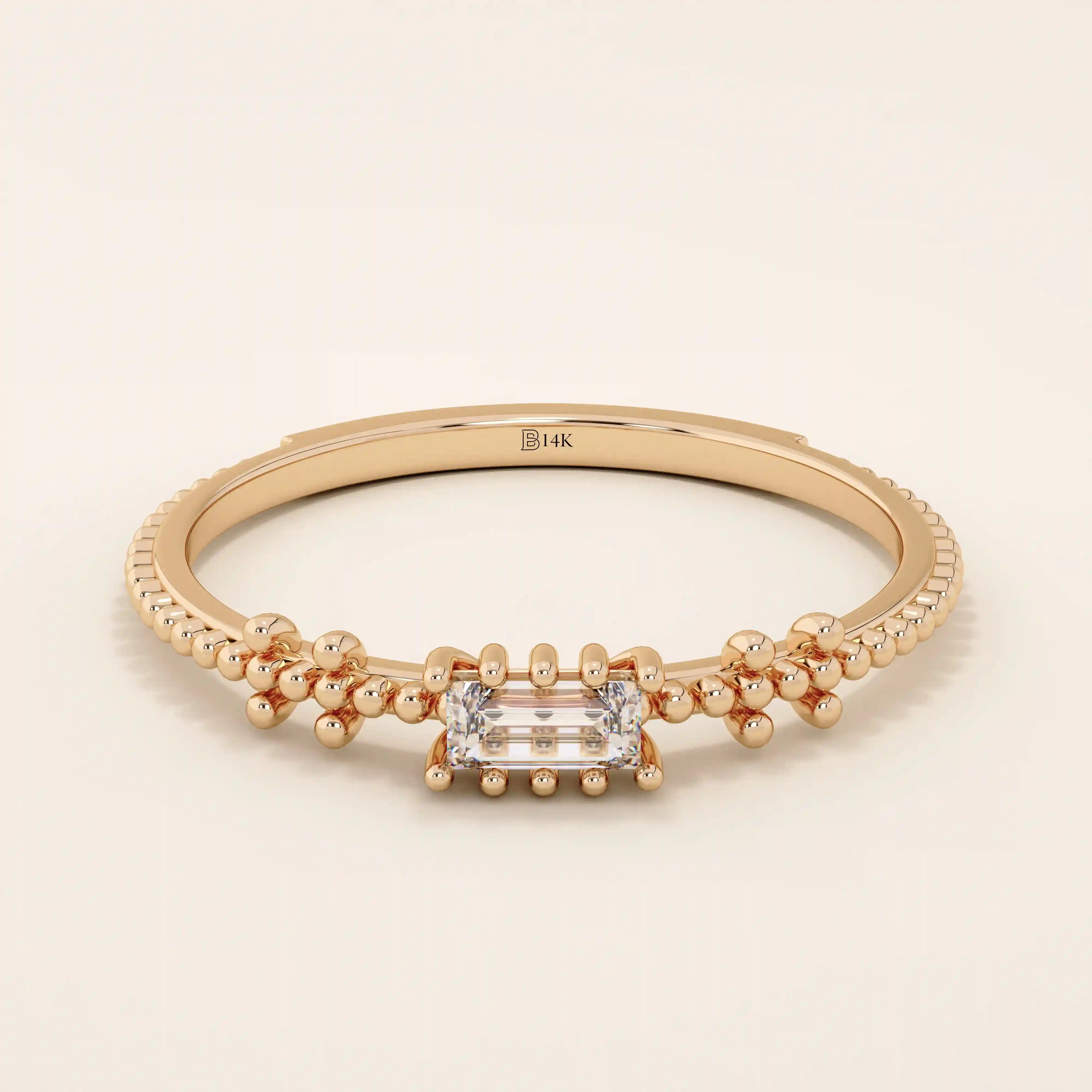 SOLITAIRE BAGUETTE TINY BEAD BAND ENGAGEMENT RING IN 14K SOLID YELLOW GOLD FOR WOMEN