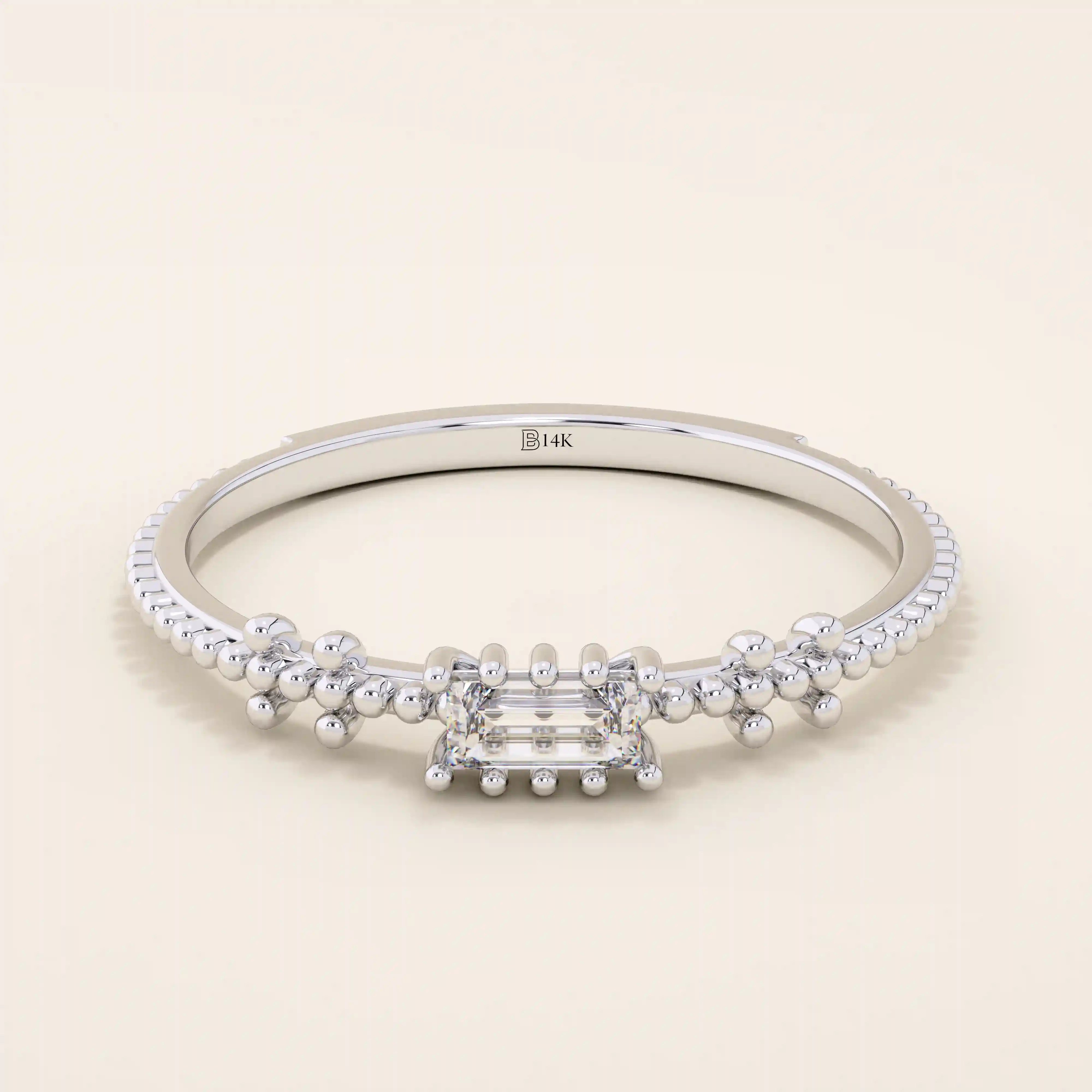 SOLITAIRE BAGUETTE TINY BEAD BAND ENGAGEMENT RING IN 14K SOLID YELLOW GOLD FOR WOMEN