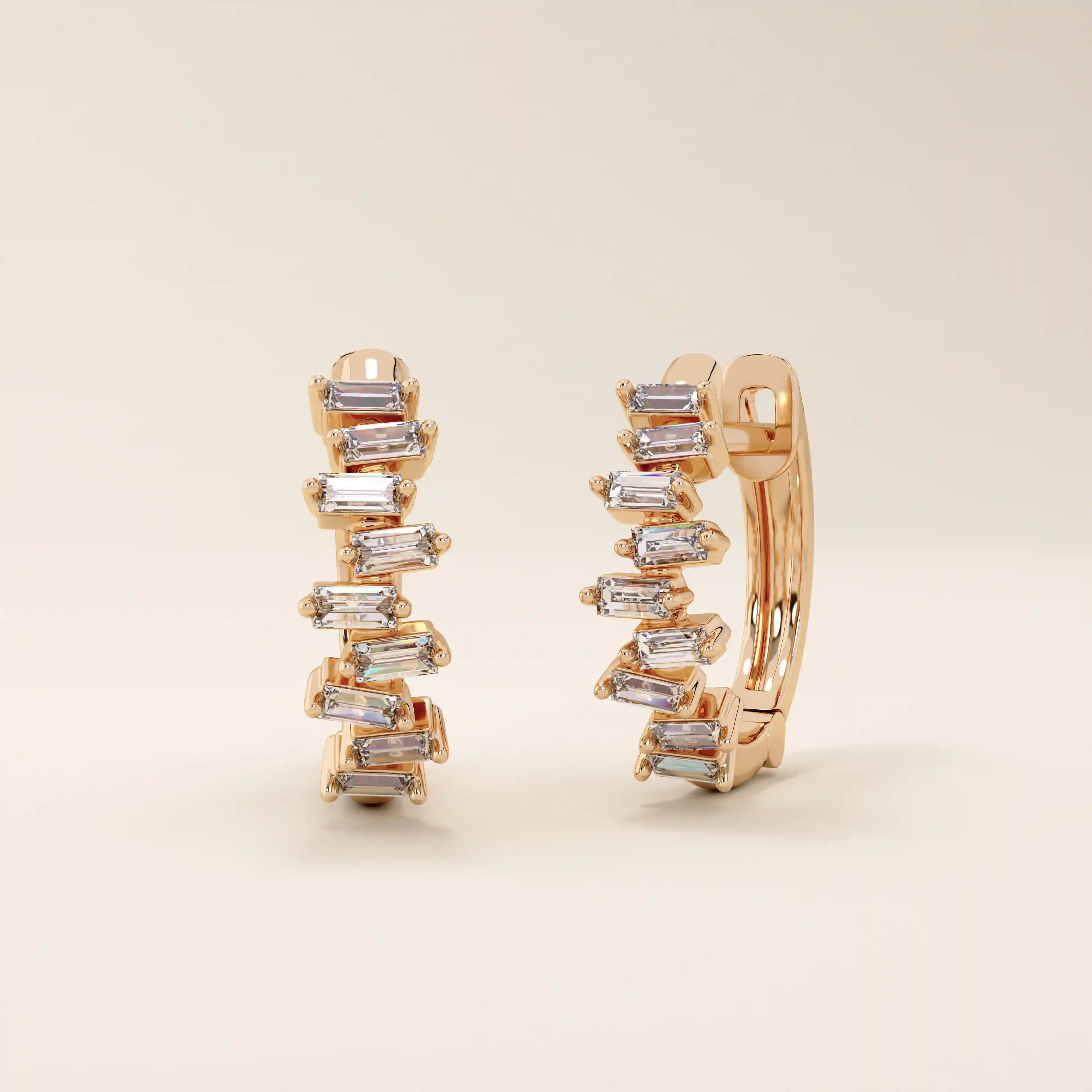 14k solid gold baguette cluster hoop earring for women