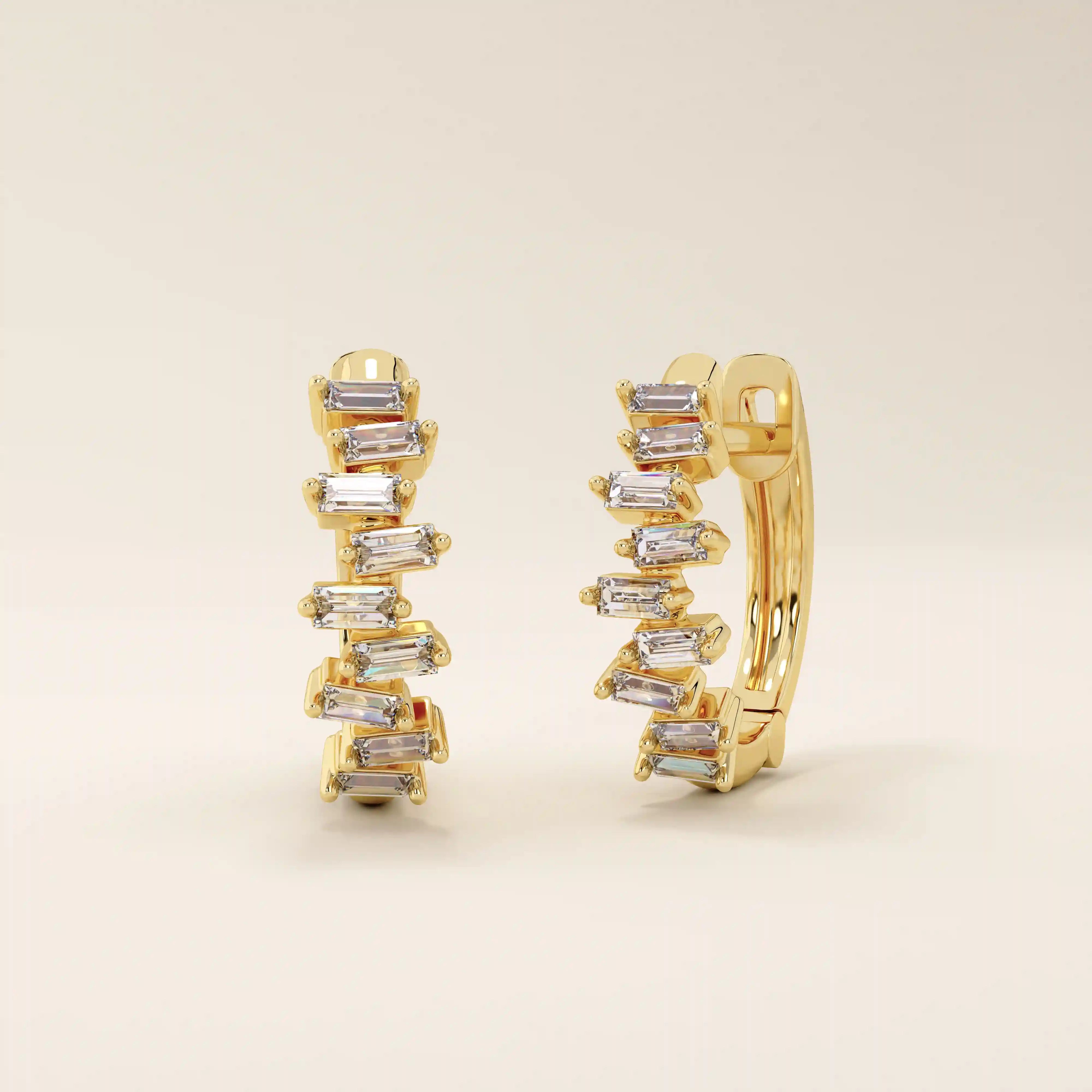 14k solid gold baguette cluster hoop earring for women