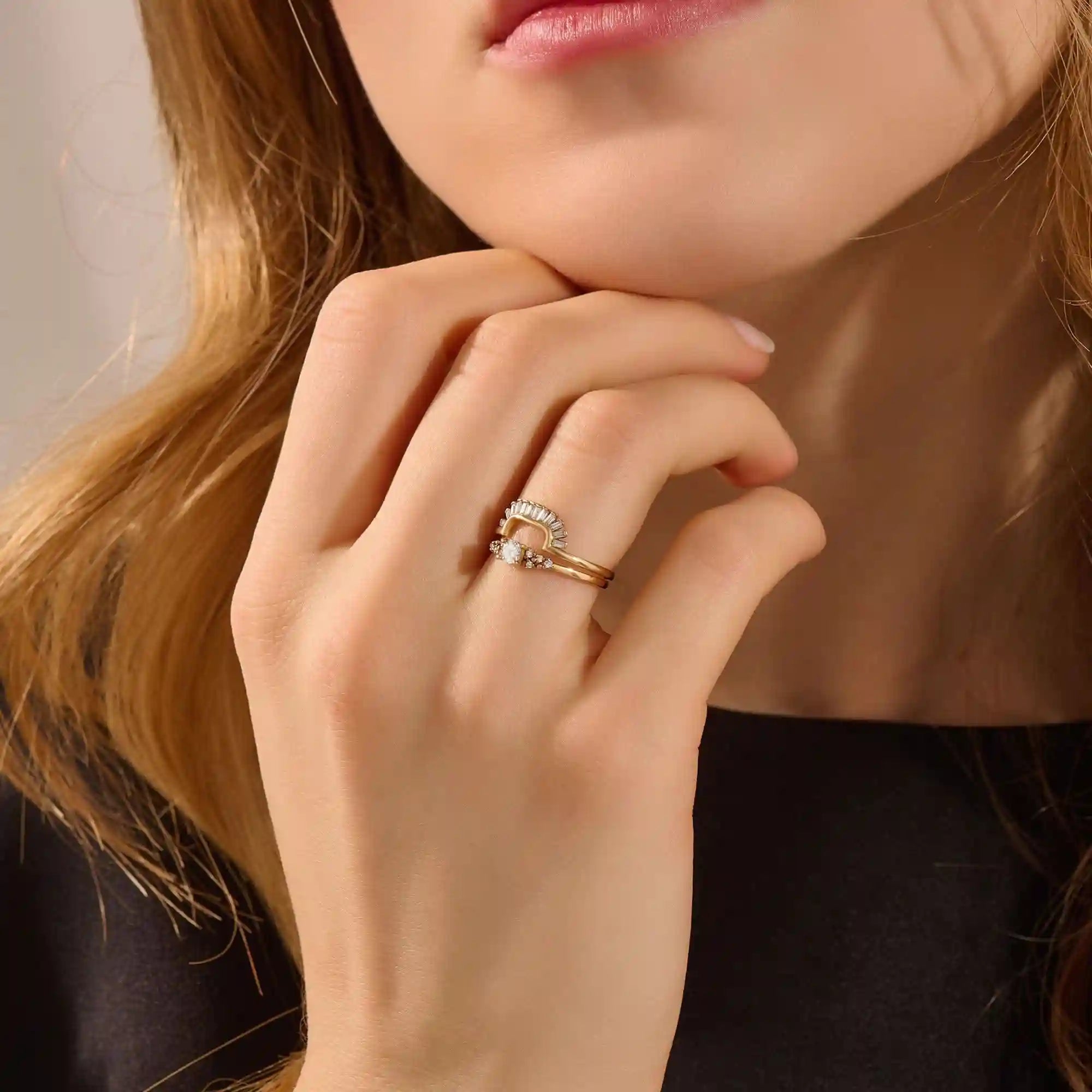 BAGUETTE SQUARE CURVE RING IN 14k SOLID GOLD