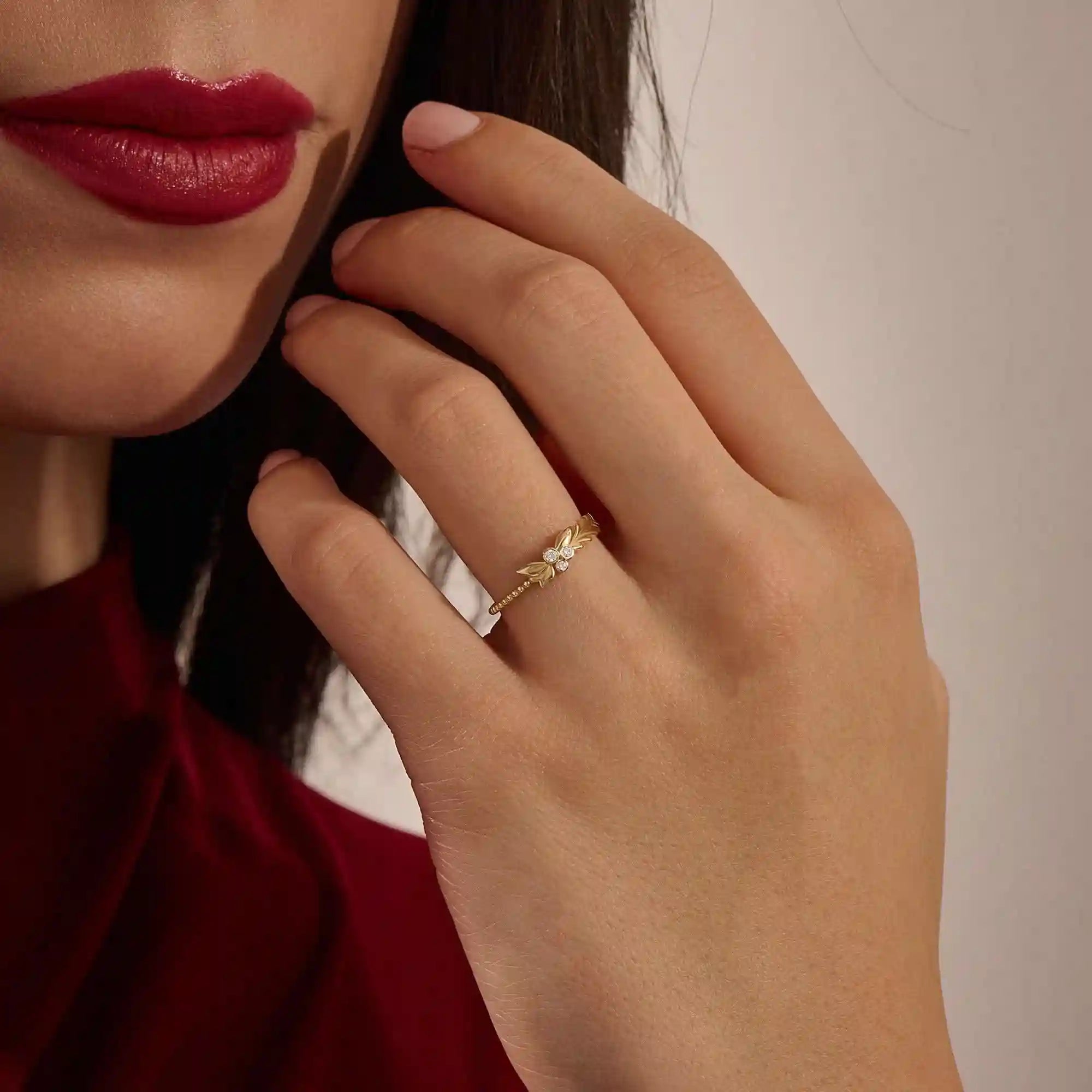 14k solid gold beaded band bezel set moissanite leaf vine stacking ring for women