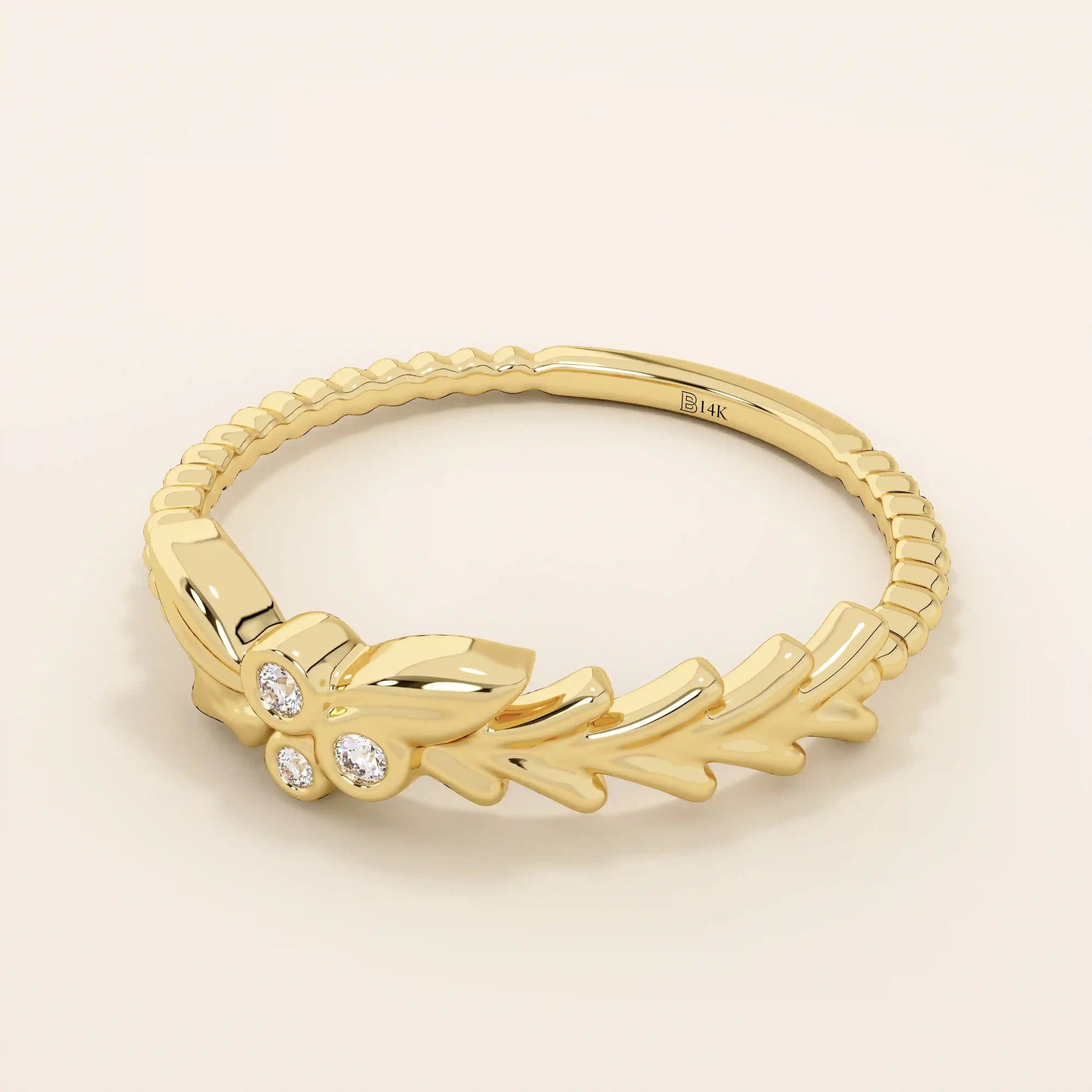 14k solid gold beaded band bezel set moissanite leaf vine stacking ring for women