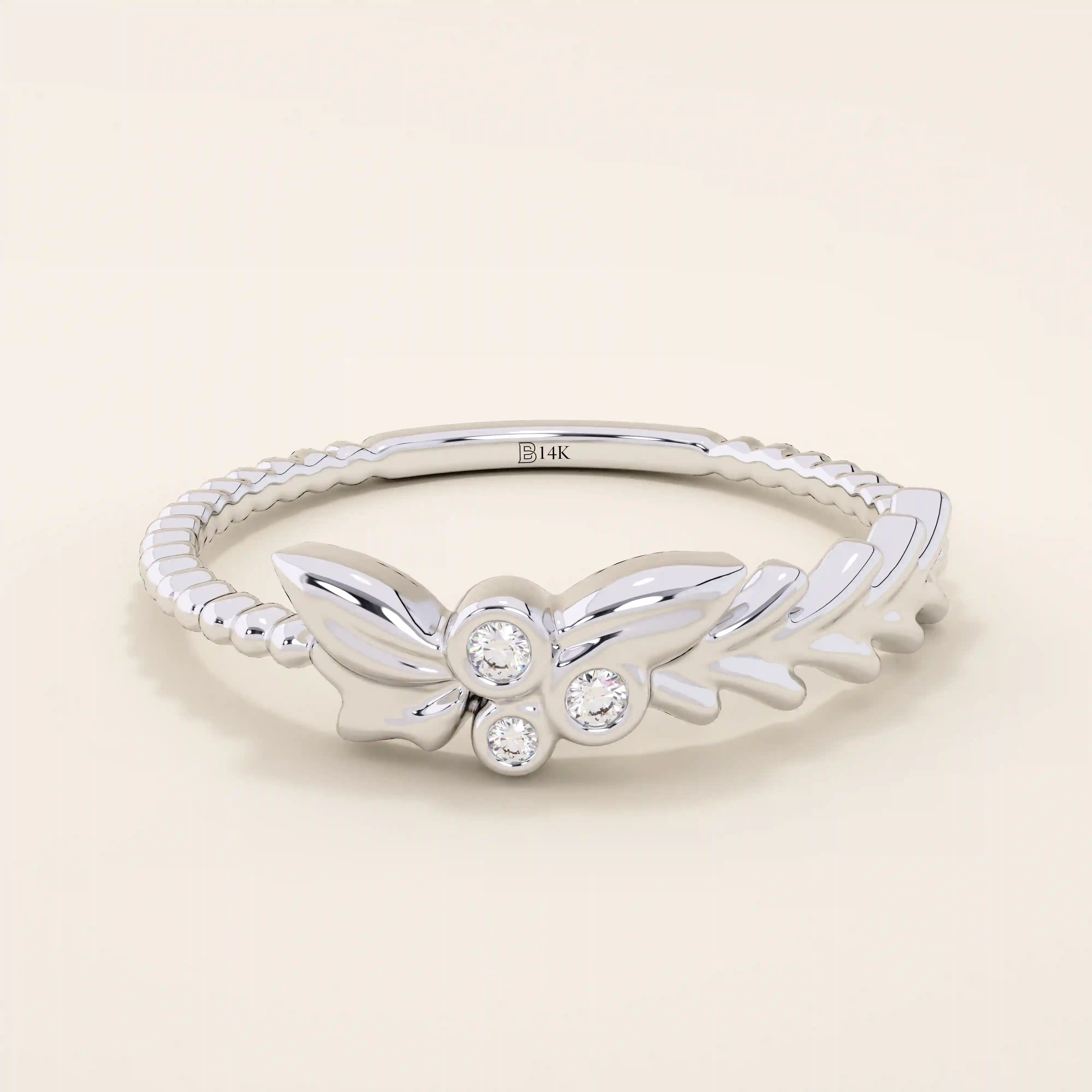 14k solid gold beaded band bezel set moissanite leaf vine stacking ring for women