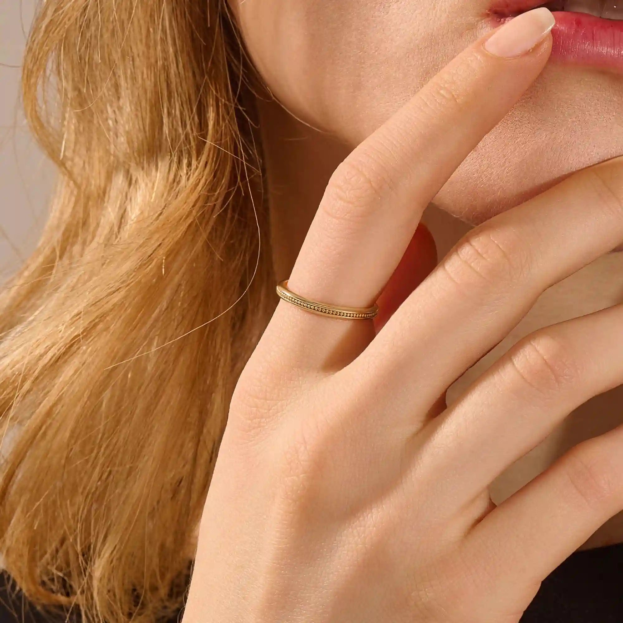 14k solid gold beaded slim band stackable alliance wedding ring for women