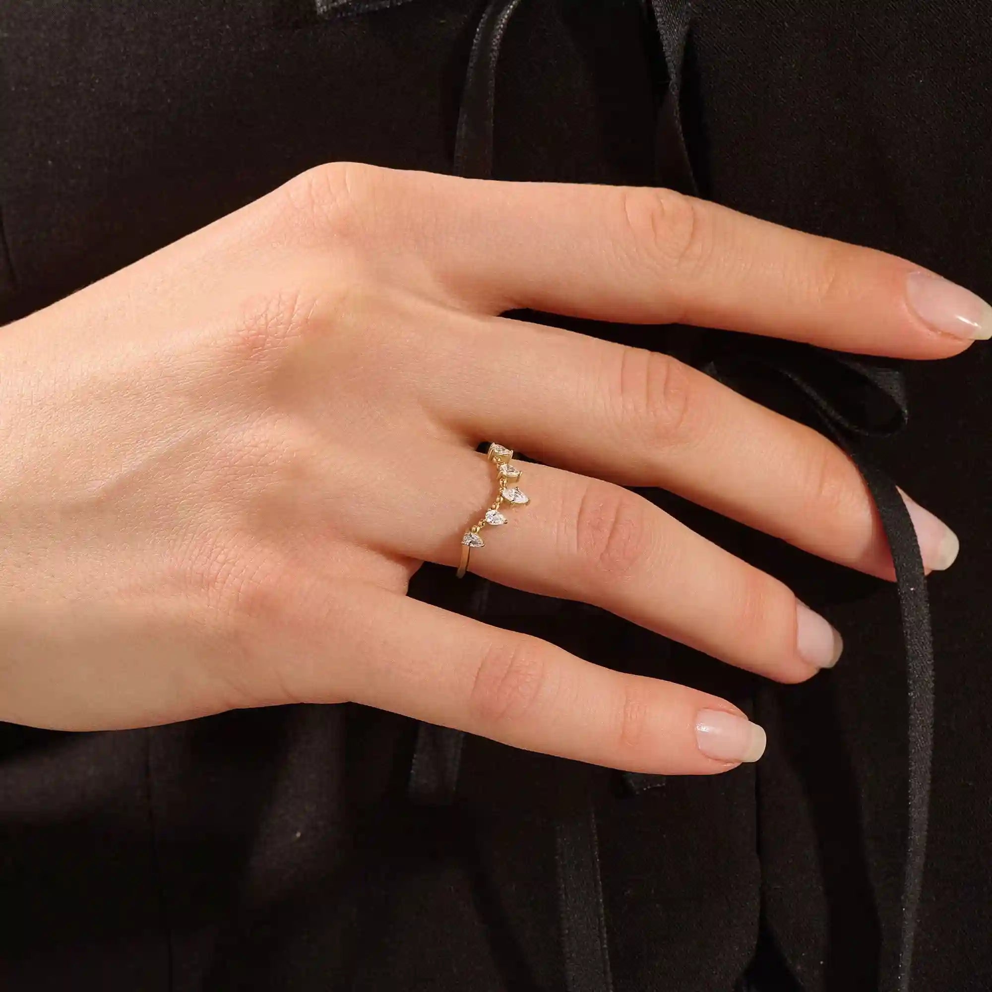 14k solid gold beaded band marquise pear moissanite stones stackable curve ring for women