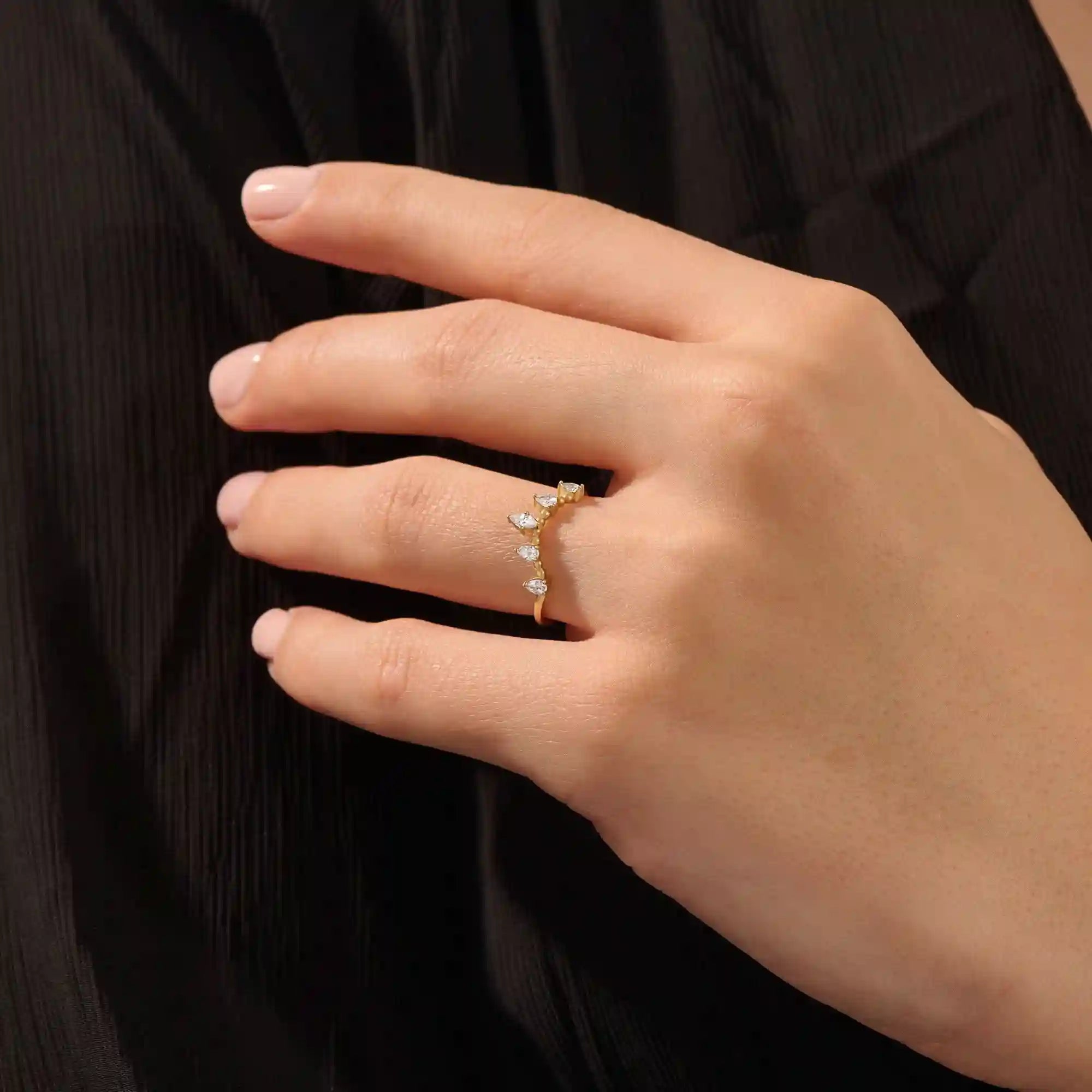 14k solid gold beaded band marquise pear moissanite stones stackable curve ring for women