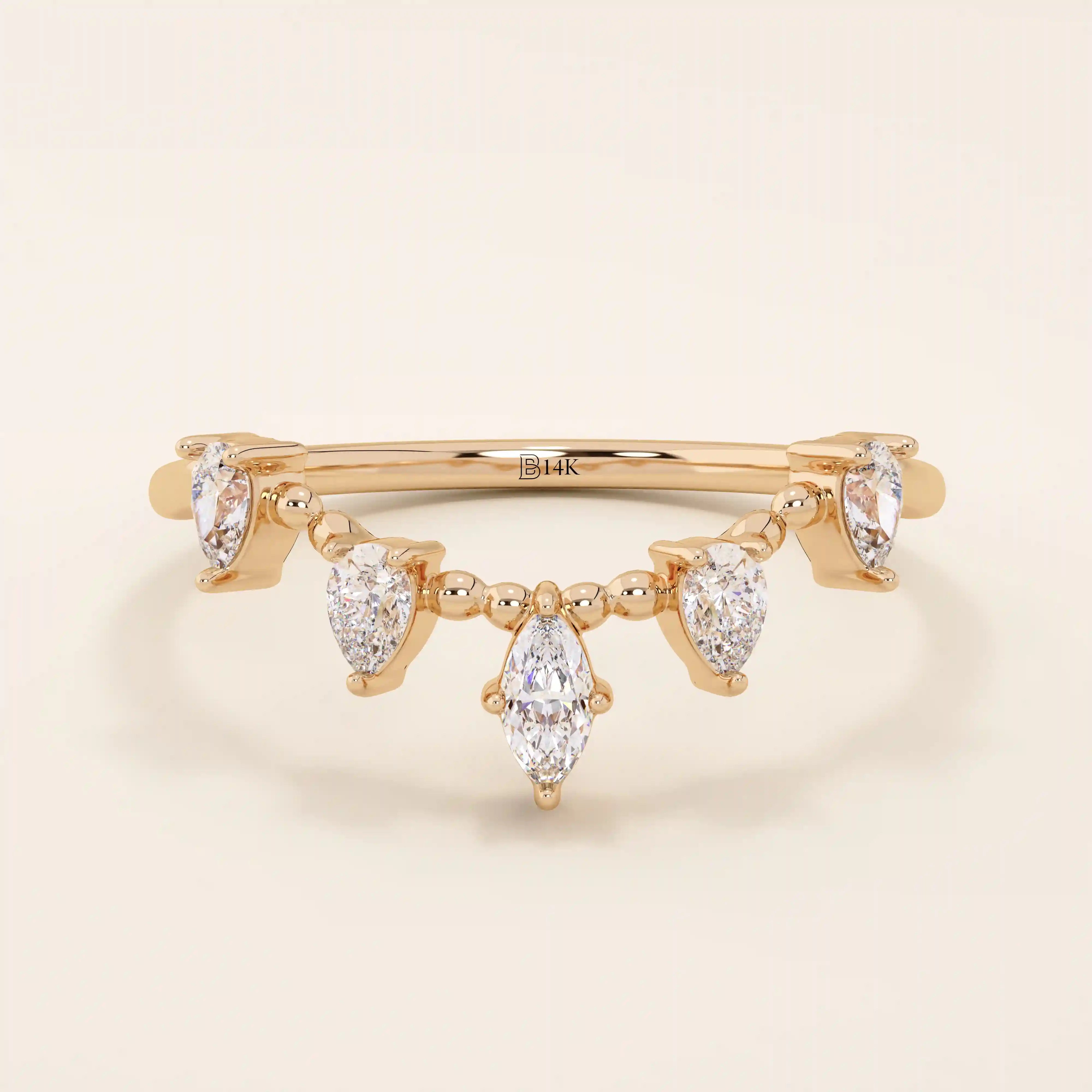 14k solid gold beaded band marquise pear moissanite stones stackable curve ring for women