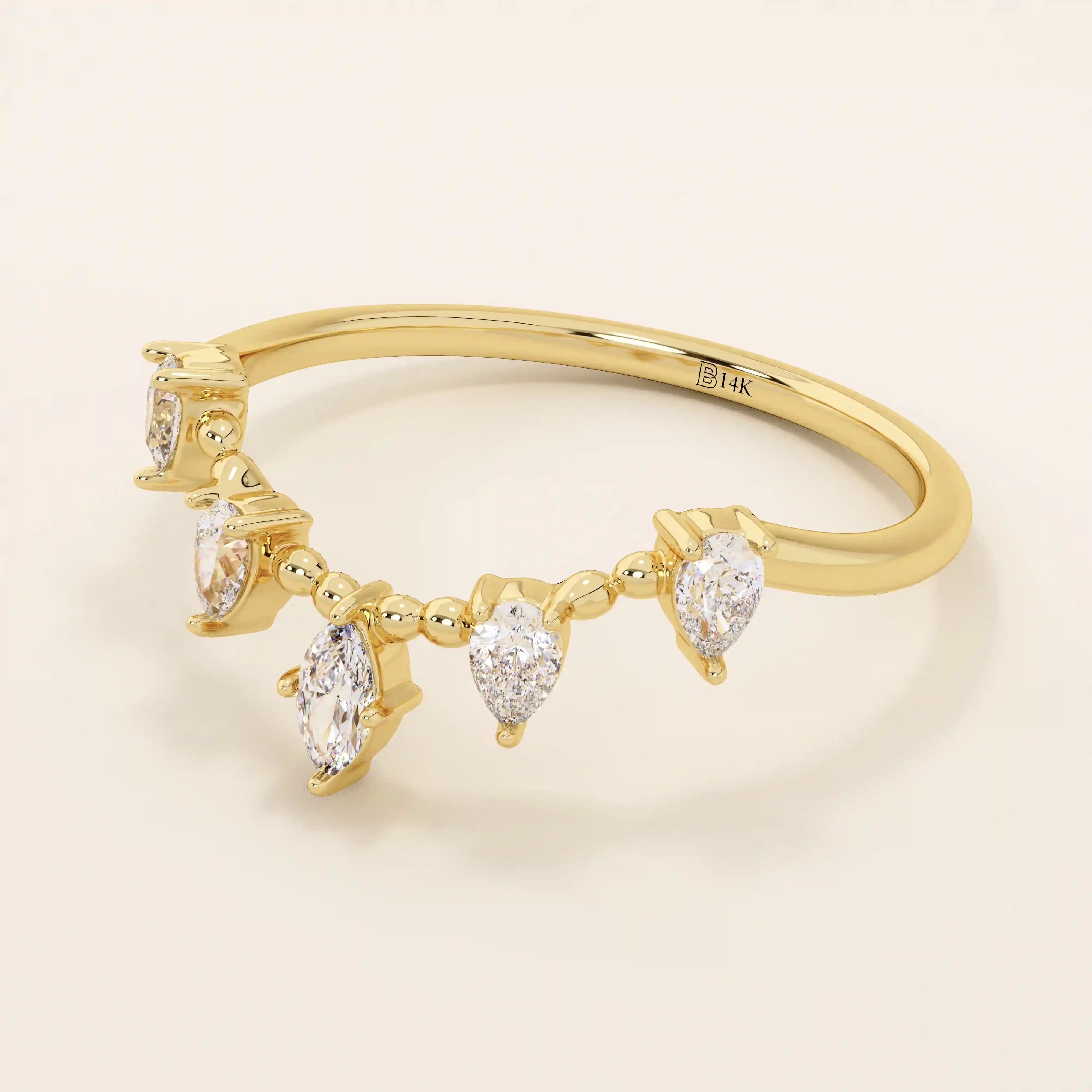 14k solid gold beaded band marquise pear moissanite stones stackable curve ring for women