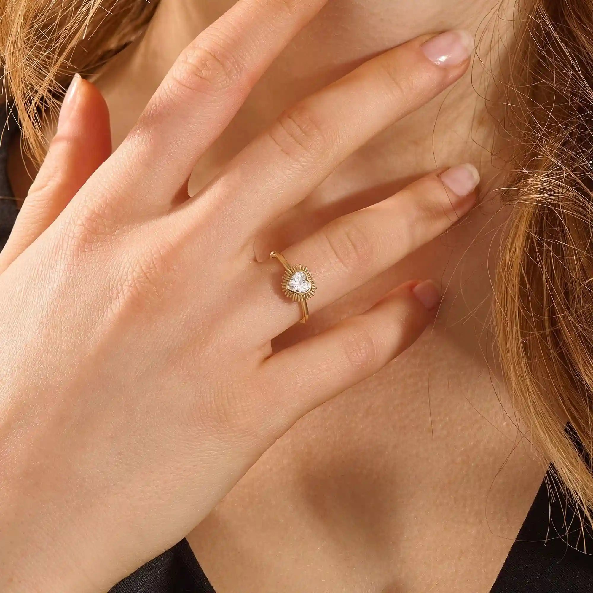 14k solid gold 5mm heart cut moissanite bezel solitaire statement ring for women